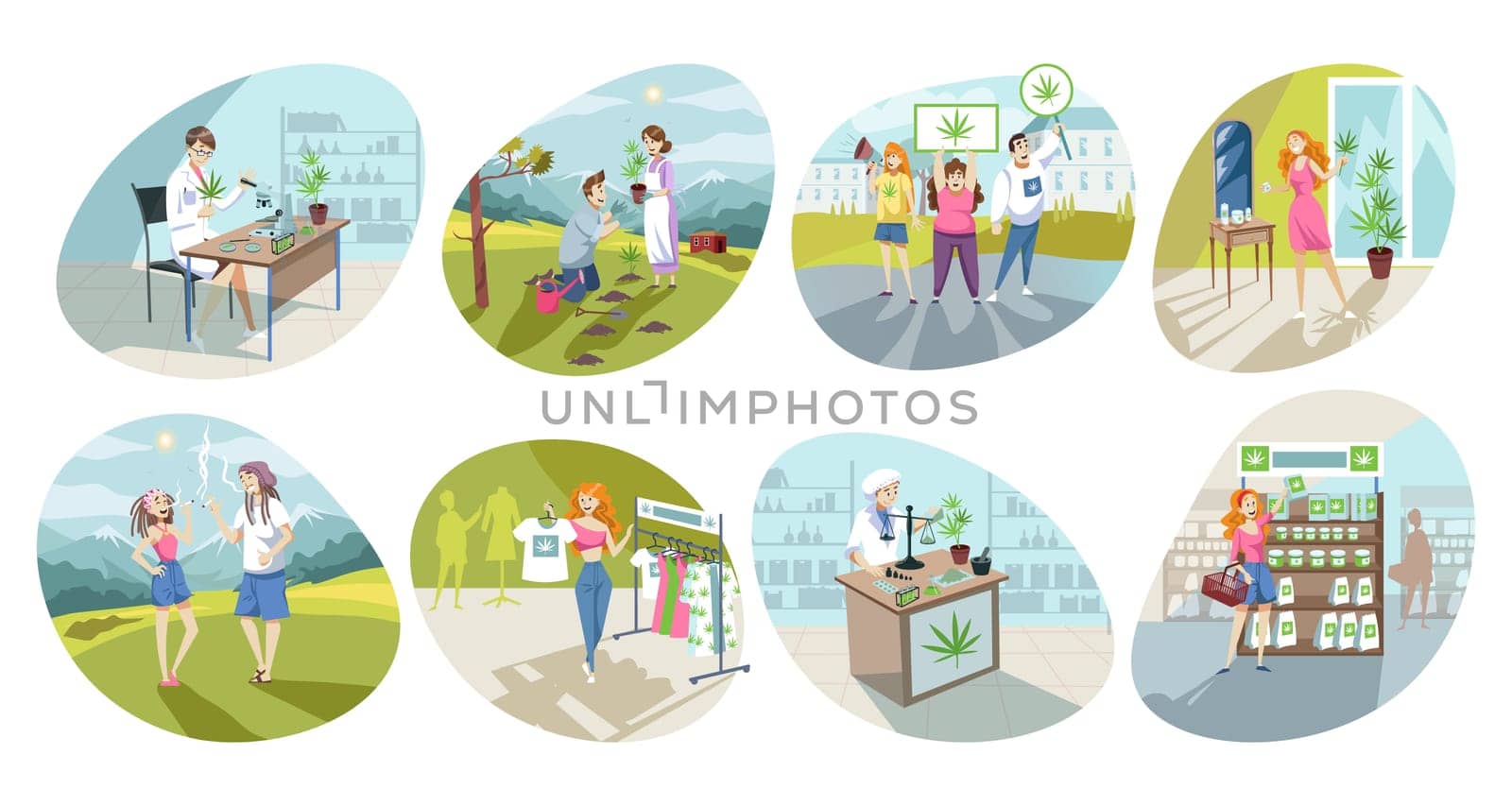 Marijuana, drug, healthcare set concept. Collection of people men women charactrs smoking weed buying selling cbd oil products doing cannabis medical research. Healthy lifestyle and hashish addiction.