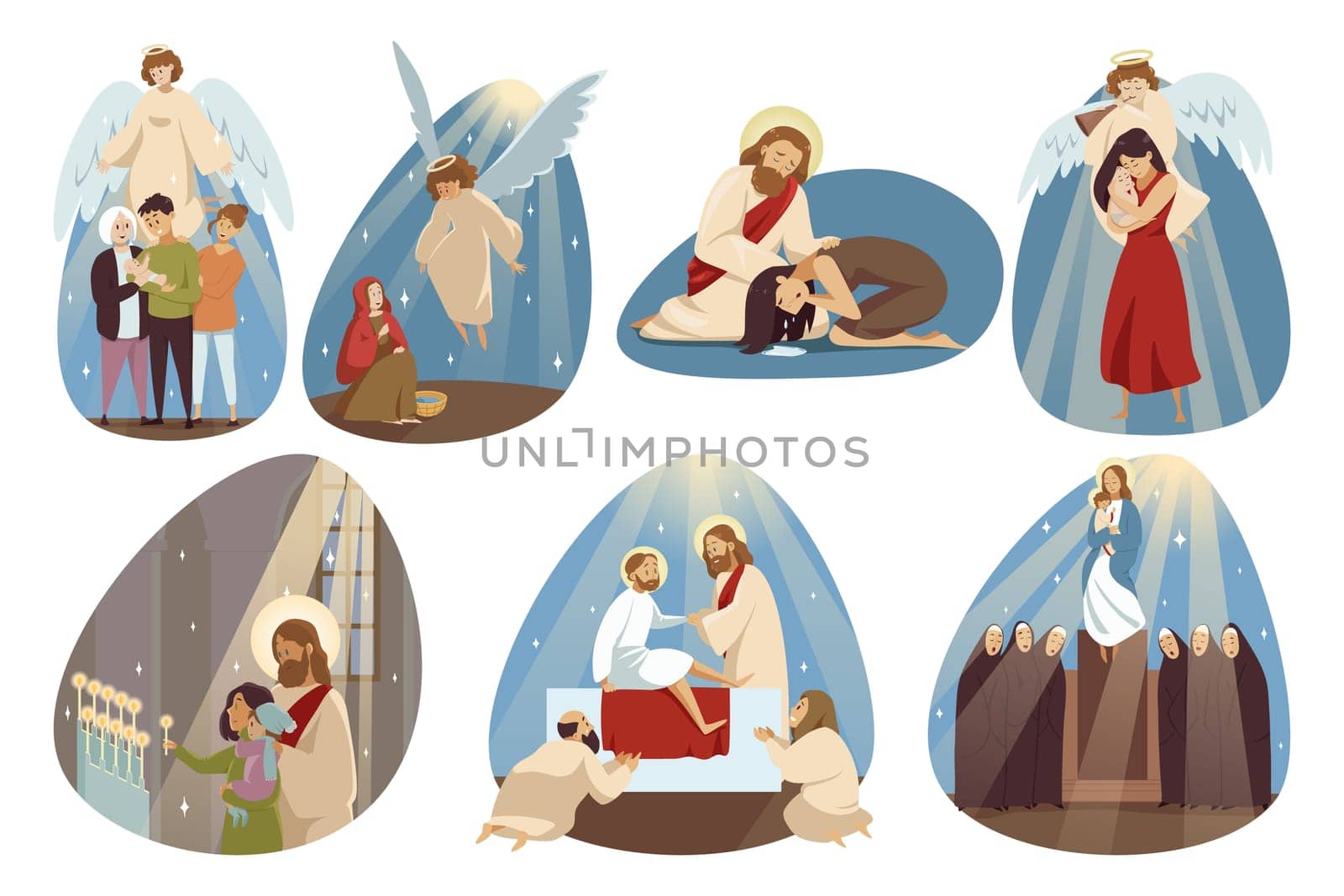 Religion, bible, christianity set concept. Collection angle Jesus Chrsit son of god Mary virgin religious biblical character helping people and making miracle. Divine blessing and catholic holidays.