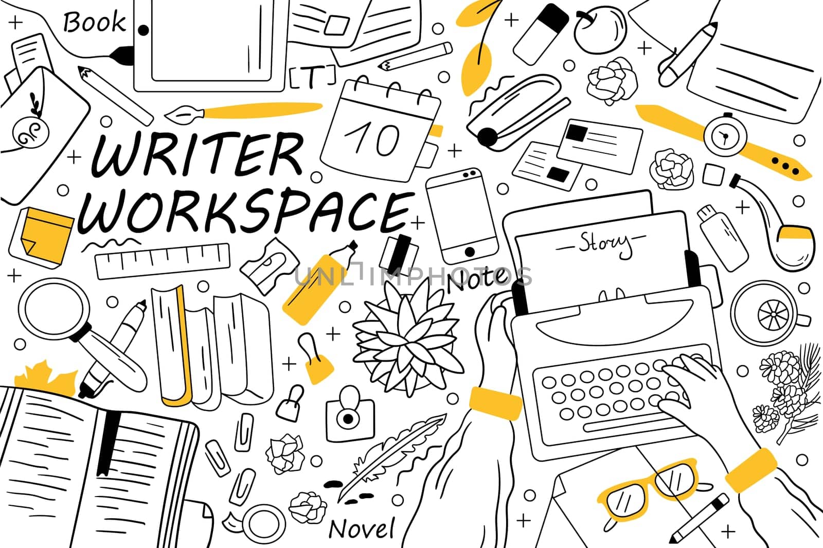 Writer workspace doodle set. Collection of hand drawn sketches templates patterns of writing equipment. Creative occupation and storytelling content book creation illustration
