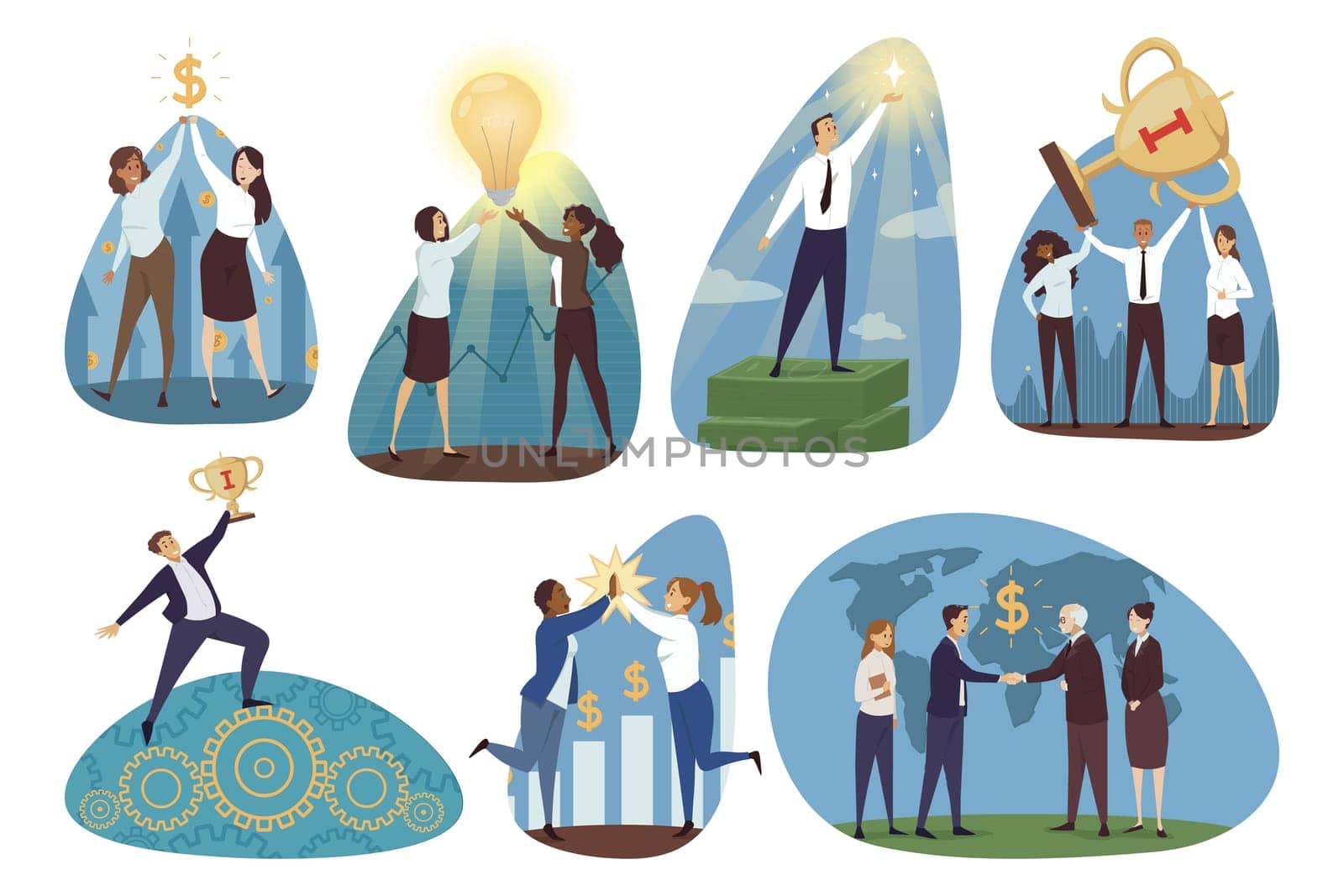 Business, teamwork, goal achievement set concept. Collection of businesspeople men women cartoon chaarcter working together celebrating financial profit success making global agreement illustration.