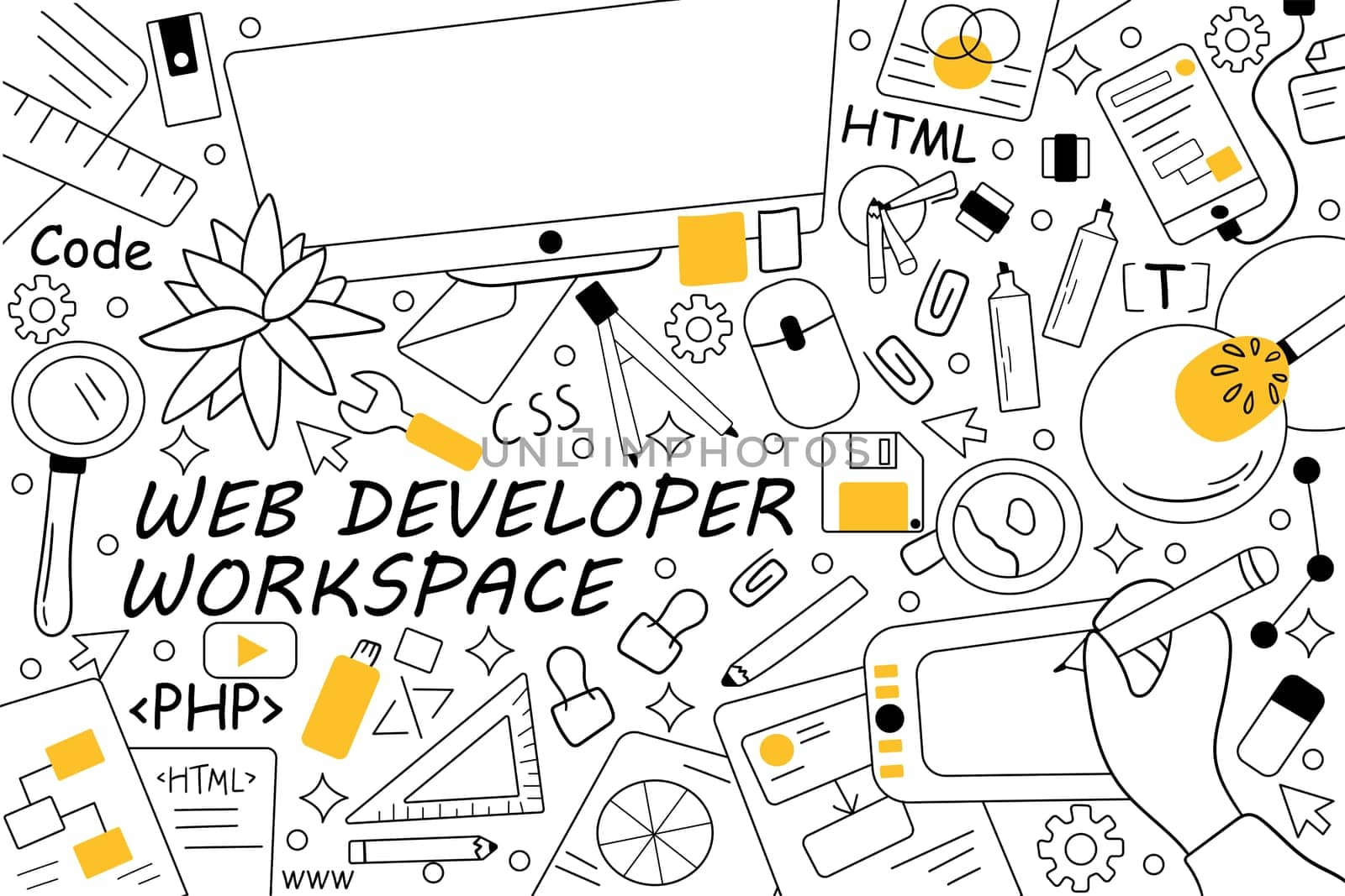 Web developer workspace doodle set. Collection of hand drawn sketches templates patterns of people programmers working equipment computers keyboard laptop. Creative occupation and coding illustration.