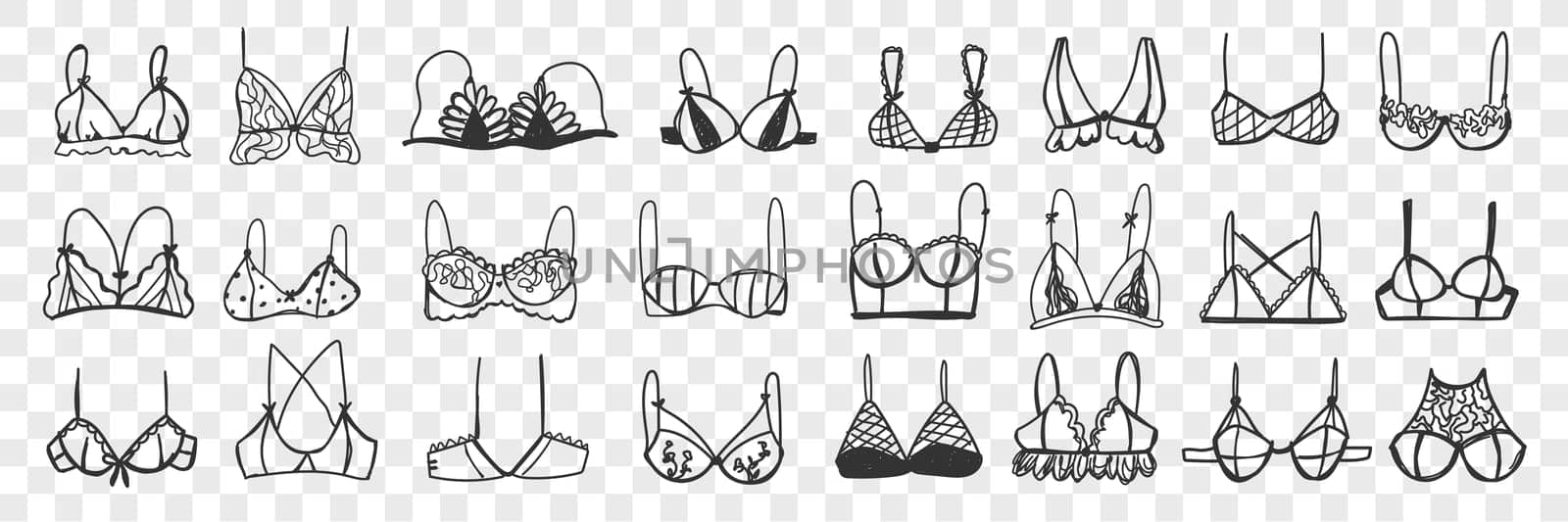 Woman bra doodle set. Collection of hand drawn various elegant or casual woman bra with straps isolated on transparent background. Illustration of sexual underwear for wearing on female body