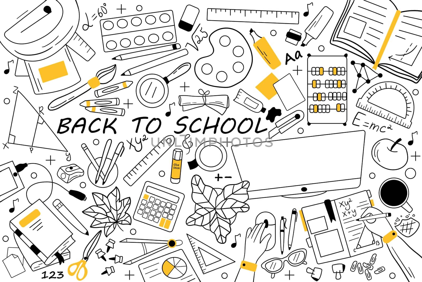 Back to school doodle set. Collection of hand drawn sketches templates patterns of educational equipment books pencil eraser pen for pupils study. Education and getting knowledge illustration.