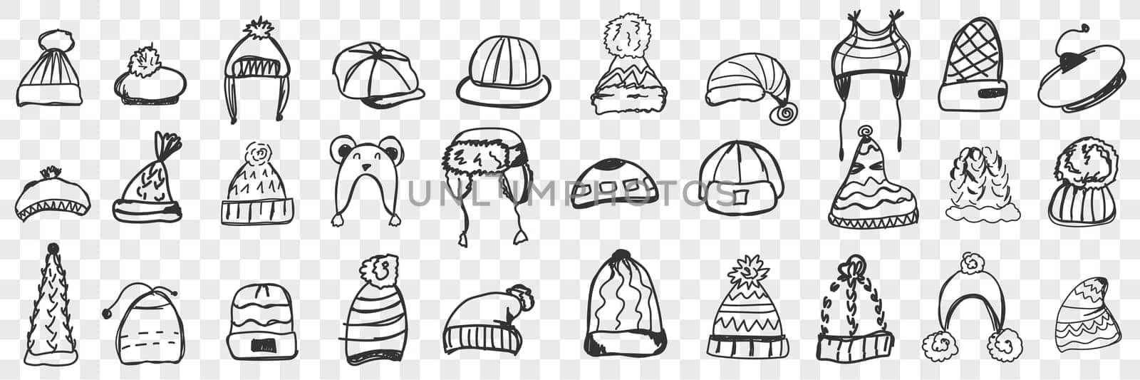 Headdress doodle set. Collection of hand drawn various warm caps and hats for wearing during winter or autumn isolated on transparent background. Illustration of designs for kids head-dress looks