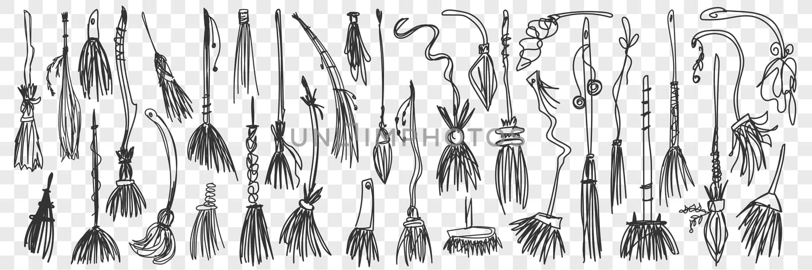 Brooms doodle set. Collection of funny hand drawn various brooms for homework and cleaning isolated on transparent background. Illustration of household and handmade tools for fighting with dust