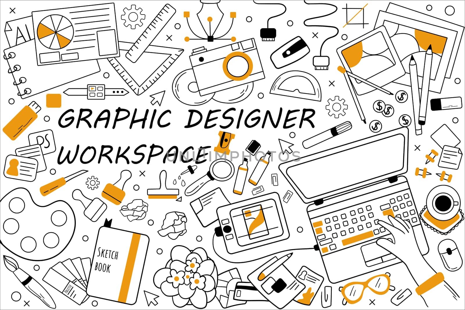 Graphic designer workspace doodle set. Collection of hand drawn sketches templates patterns of graph design equipment. Creative occupation and creation of visual digital products illustration