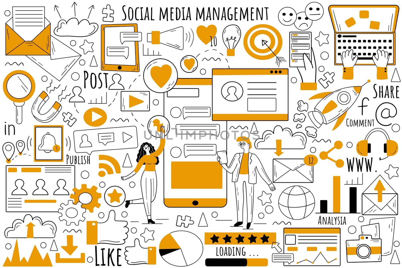 Social media management doodle set. Collection of hand drawn sketches templates patterns of businesspeople publish posts analyzing results responding on comments reaching new customers online. SMM