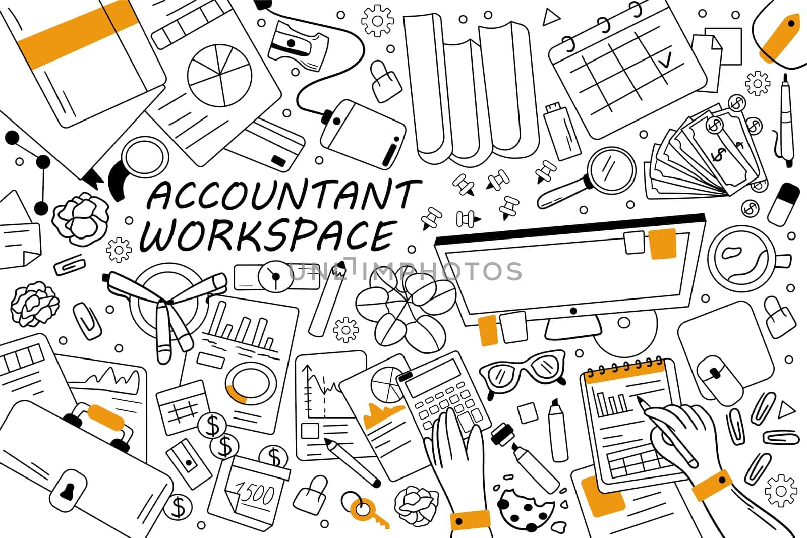Accountant workspace doodle set. Collection of hand drawn sketches templates patterns of finance business accounting working equipment. Financial occupation data analysis and roi and money growth.