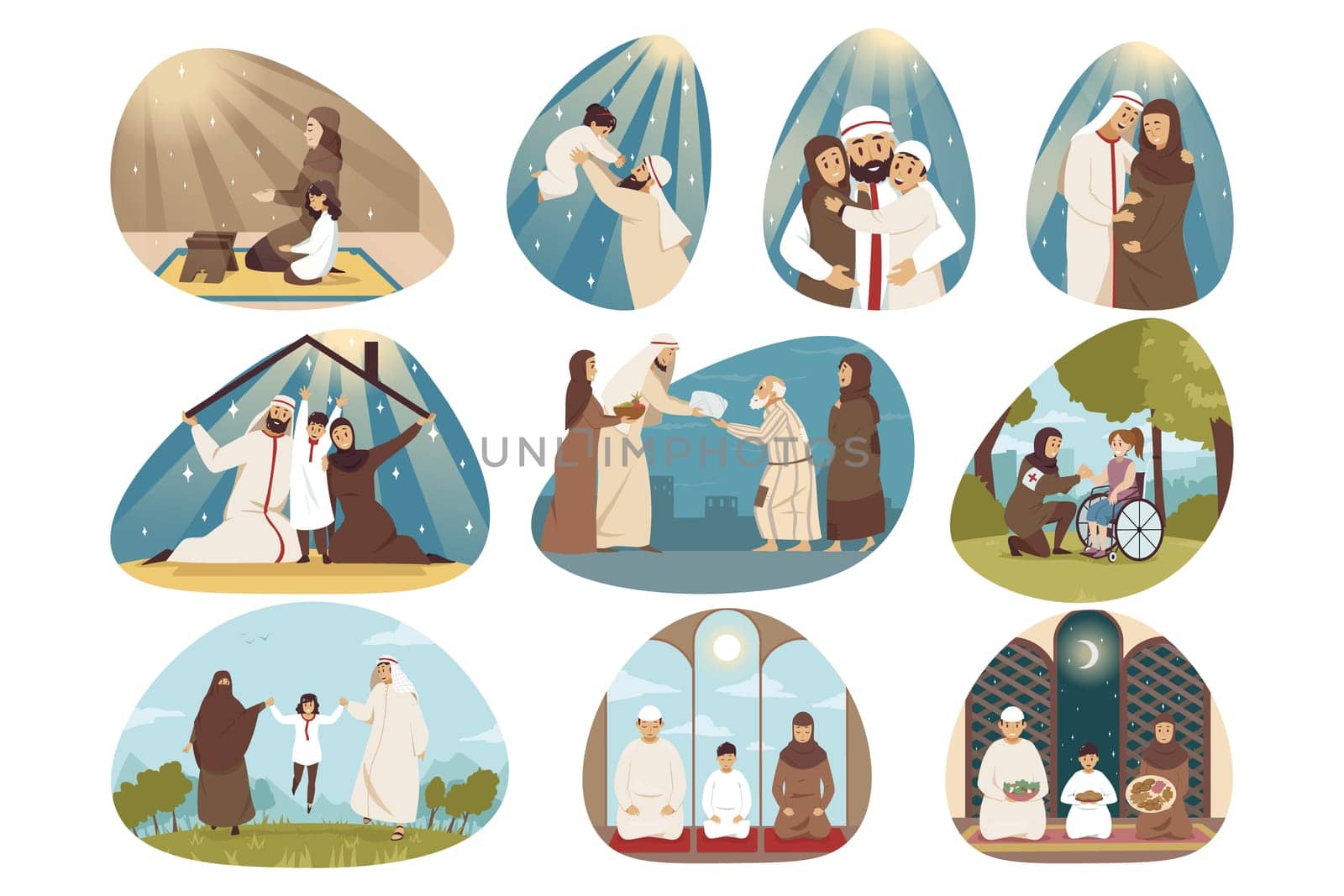 Islam, family, religion set concept. Collection of muslim arab people men women children hugging praying walking together. Fathers and mothers day or islamic traditional Ramadan holiday celebration.