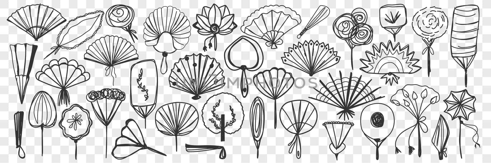 Fan accessories doodle set. Collection of hand drawn various fans of different shapes and styles open and closed isolated on transparent background. Illustration of asian cultural decoration