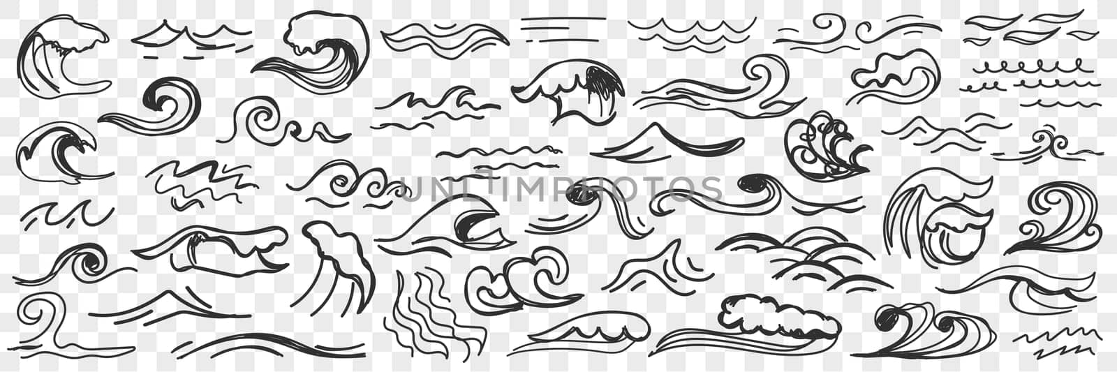 Sea waves on water surface doodle set. Collection of hand drawn ocean and sea waters with waves during storm and gloomy weather isolated on transparent background. Illustration of waves shapes