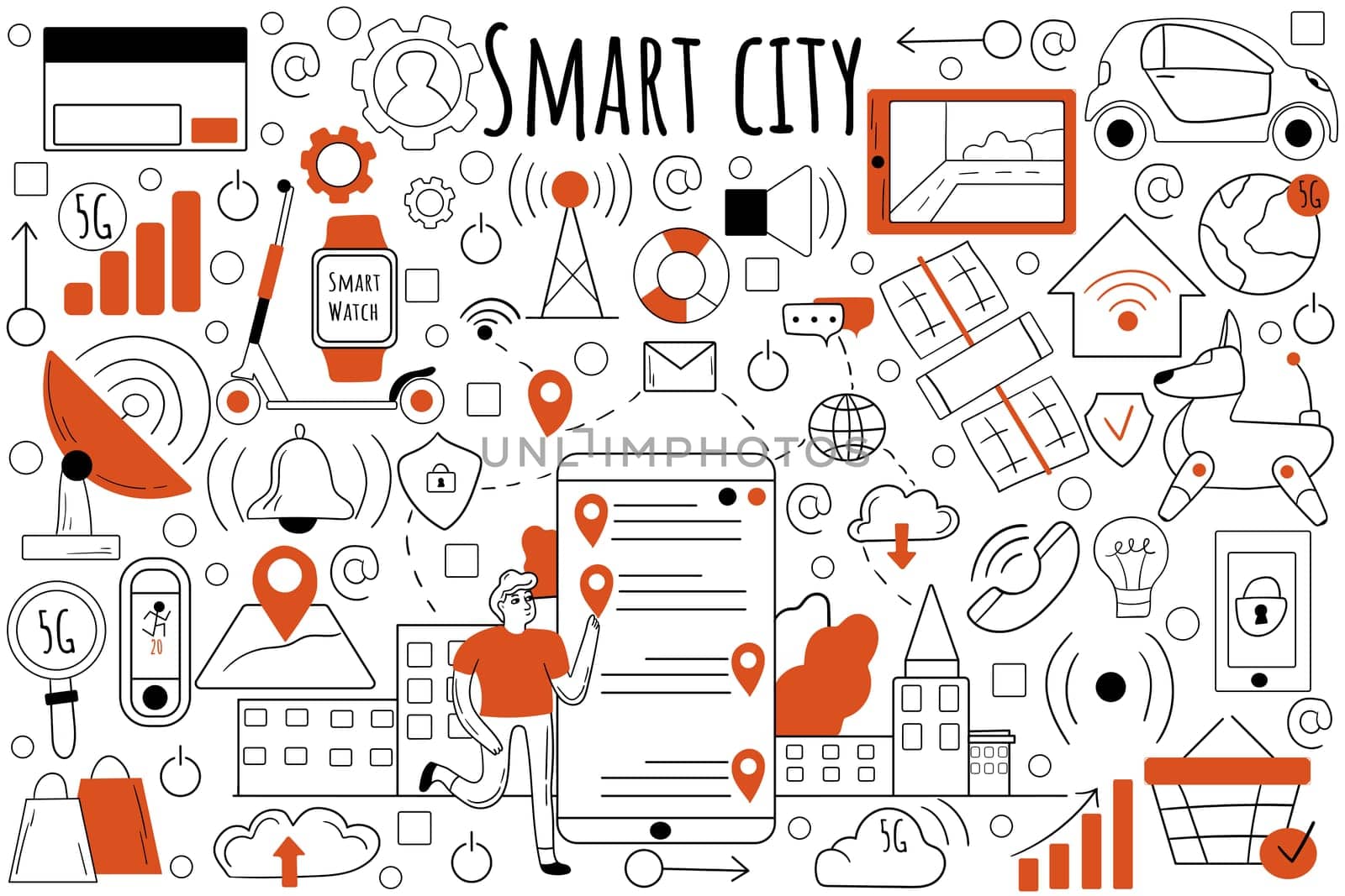 Smart city doodle set. Collection of hand drawn sketches templates patterns of people collecting data from urban activity communication and IoT technology. Infrastructure technological development.