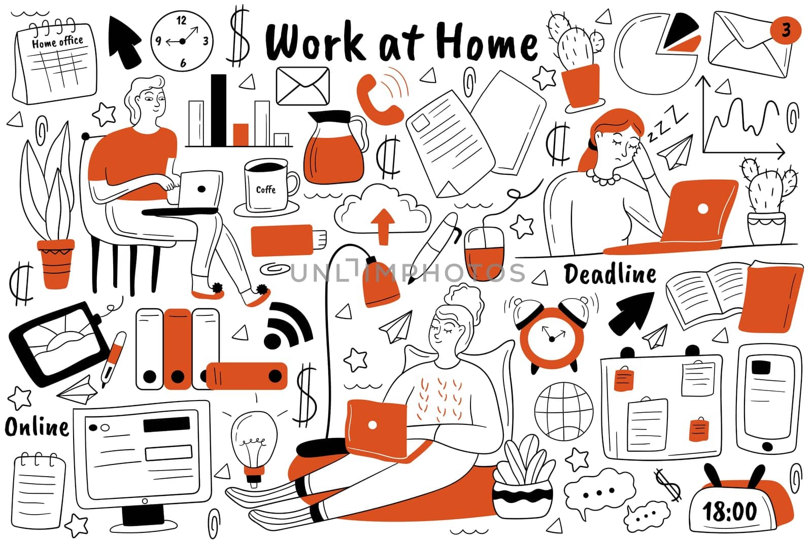 Work at home doodle set. collection of hand drawn sketches templates patterns of people freelancers sitting working at computer remotely from house. Business occupation freelance free lifestyle