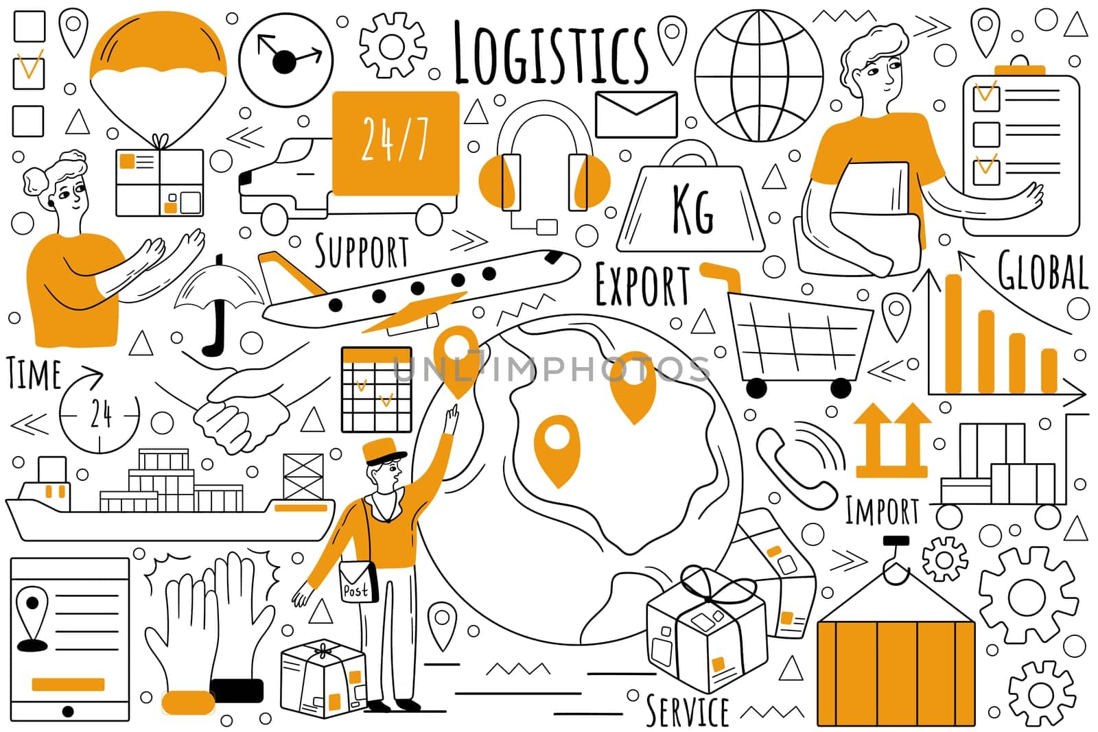 Logistics doodle set. Collection of hand drawn sketches templates patterns of transportation and distribution of goods. Inventory management and export cargo delivery service illustration