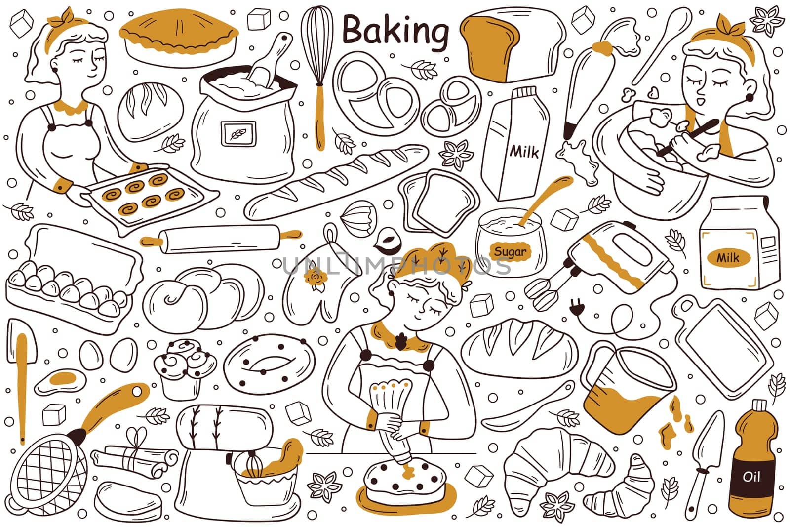 Baking doodle set. Collection of hand drawn templates patterns sketches of cooker chef baker cooking loaf from corn grain demonstrating fresh bakery production on tray. Bread food shop illustration.