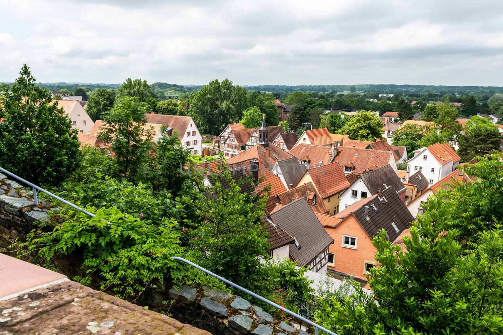 Zwingenberg Cityscape with roofs of old town during a cloudy day