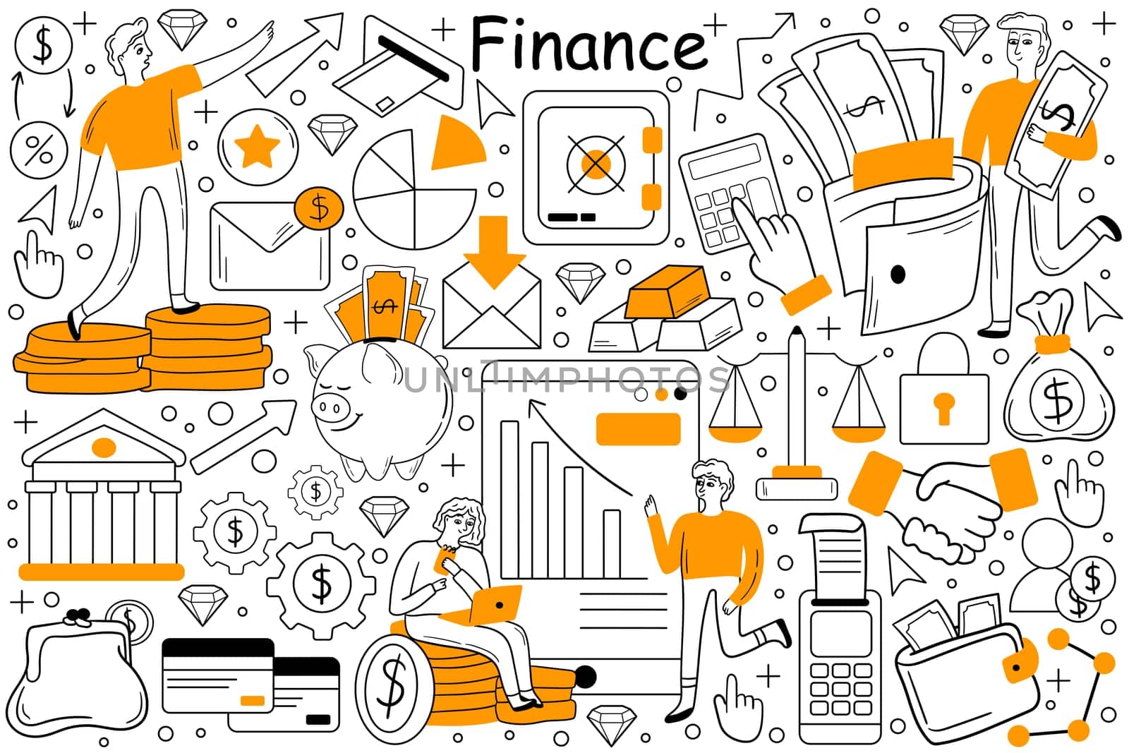 Finance doodle set. Collection of hand drawn templates patterns of businesspeople working together developing financial strategy for business. Data analysis or return of investment and money growth.
