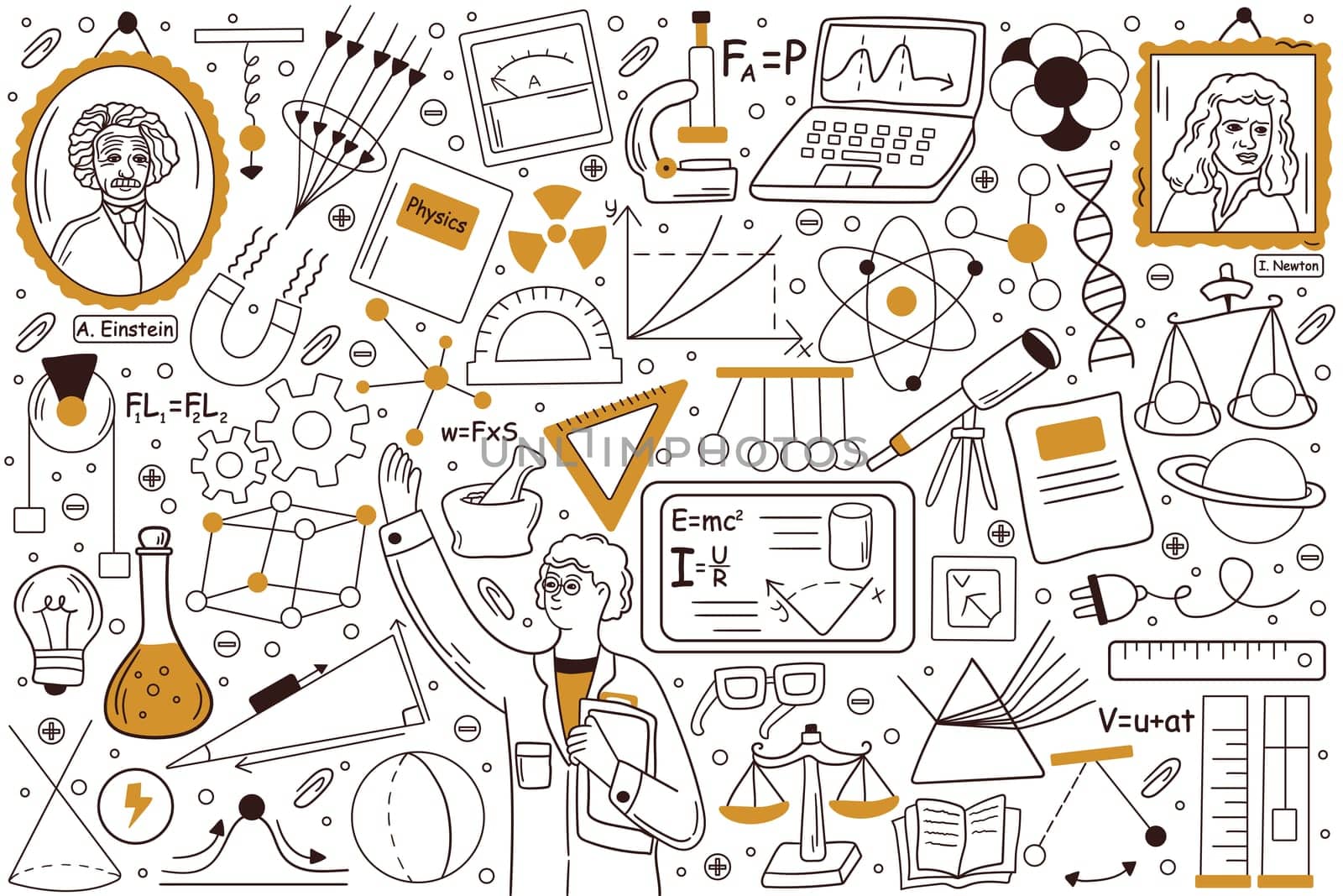 Physics doodle set. Collection of hand drawn templates sketche patterns of man physicist explaining physical laws formulae and holsing equipment tools for tests. Back to school education illustration.