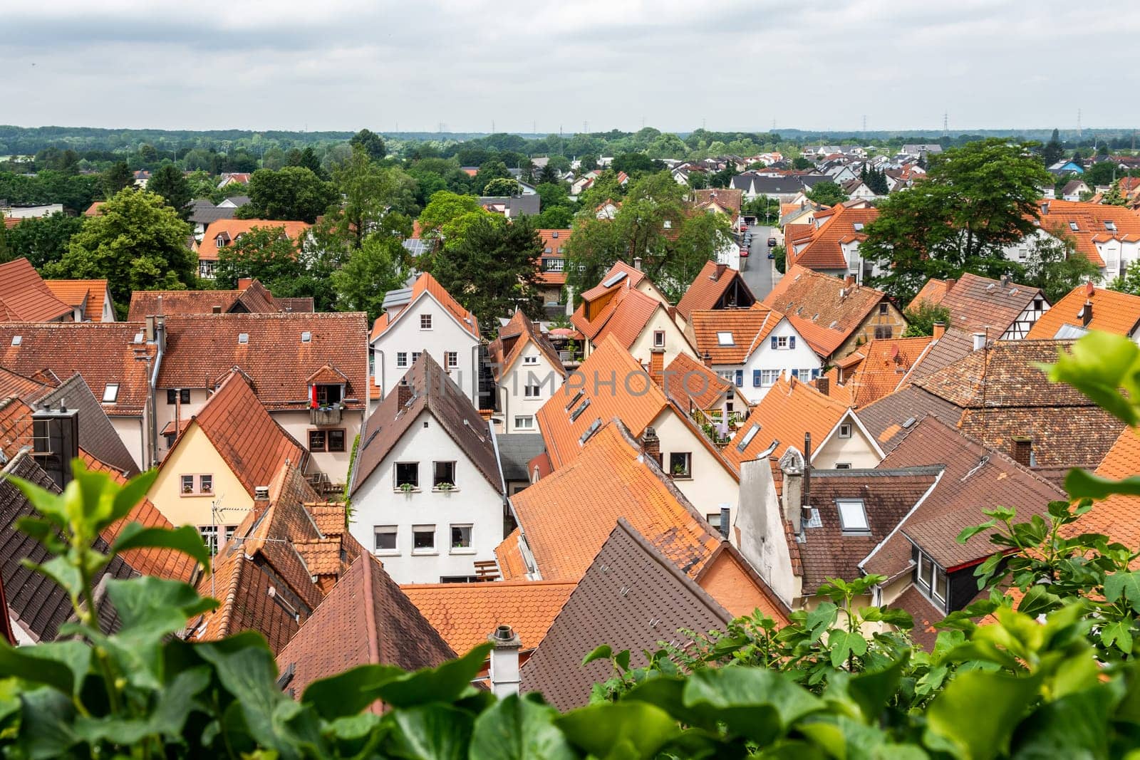 Zwingenberg Cityscape with roofs of old town during a cloudy day