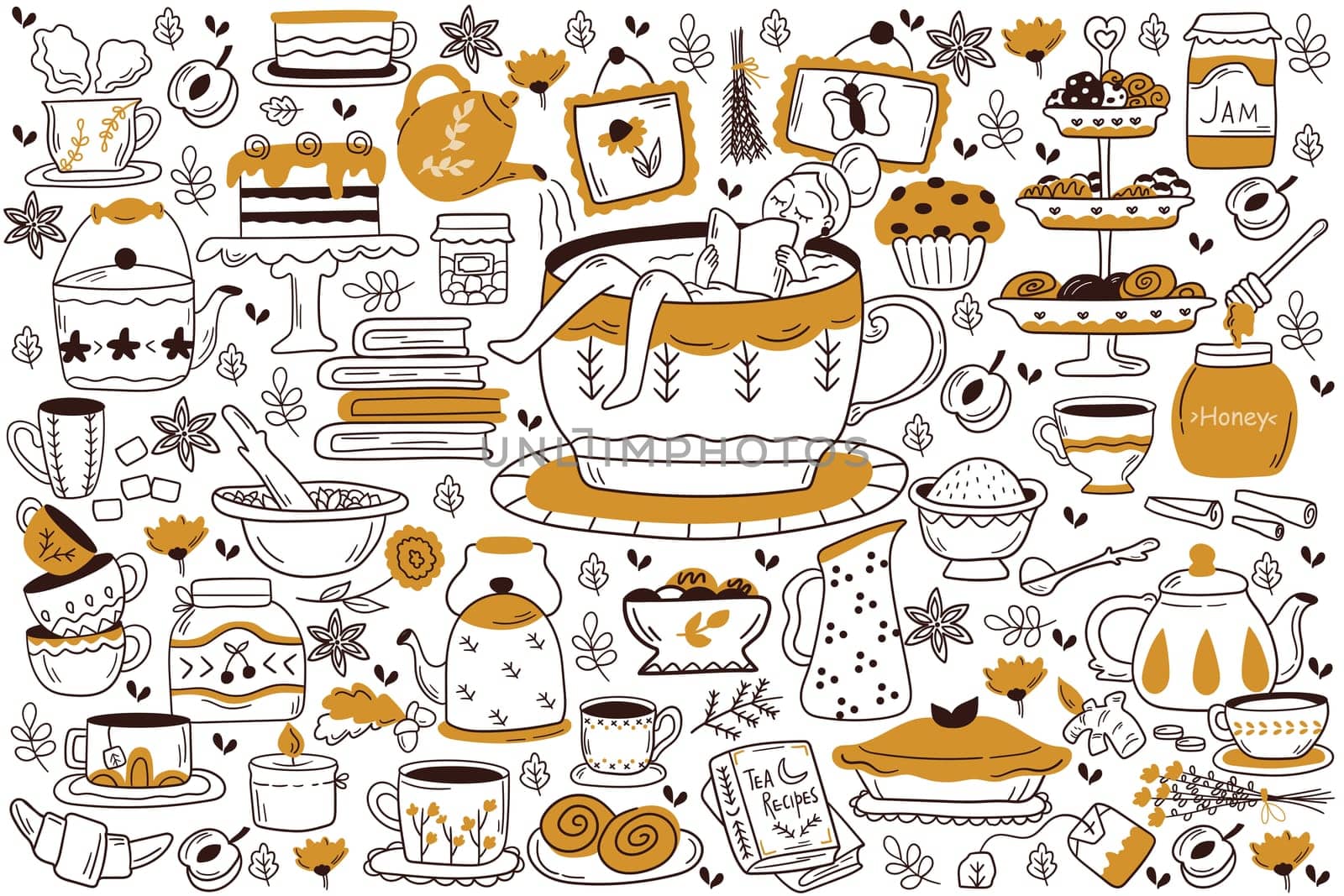 Drinking tea doodle set. Collection of hand drawn sketches patterns templates of woman drinks hot beverages coffee with cake sugar lemon and cookies. Energy drinks with caffeine outline illustration.