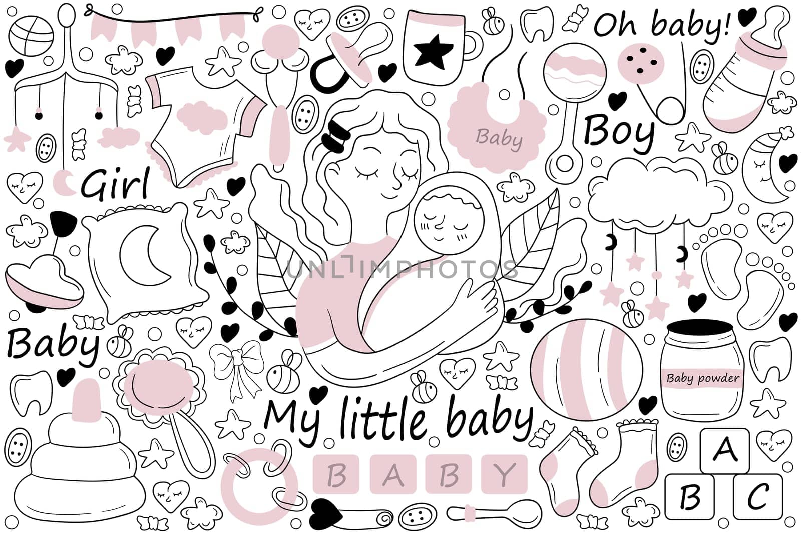 My little baby doodle set. Collection of hand drawn sketches templates drawing patterns of mother holding hugging child girl boy toddler. Motherhood or mothers day and childhood illustration.