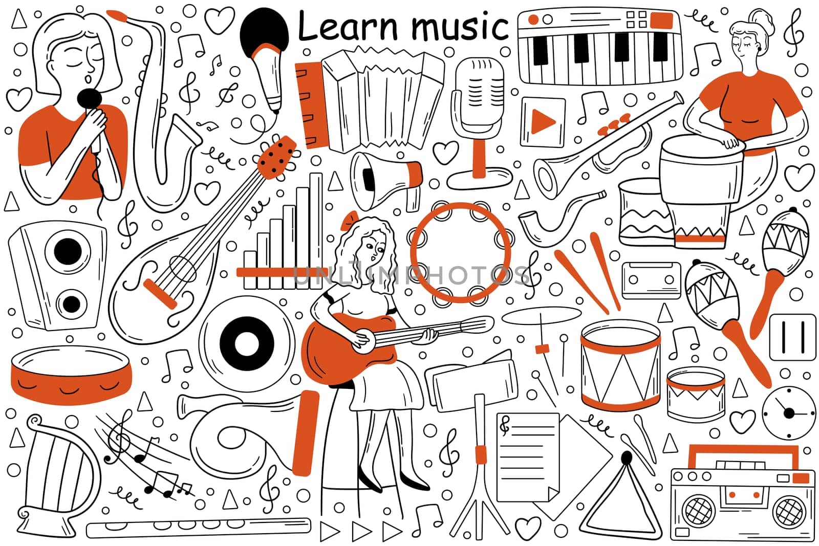 Learn music doodle set. Collection of sketches templates patterns of woman girl teenager musician learns song lessons and playing guitar musical instrument. Creative occupation and getting knowledge.
