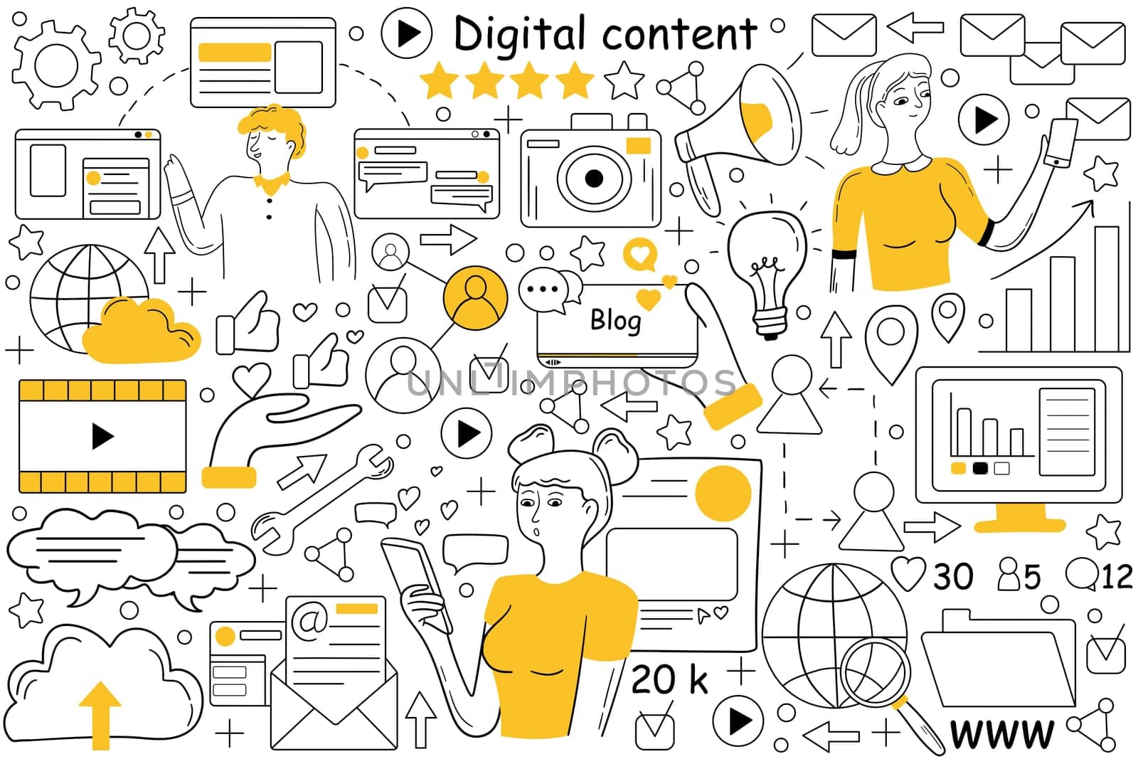 Digital content doodle set. Collection of hand drawn sketches patterns of people creating promote interactive products for engaged audiences and value for customers. Visual marketing technologies.