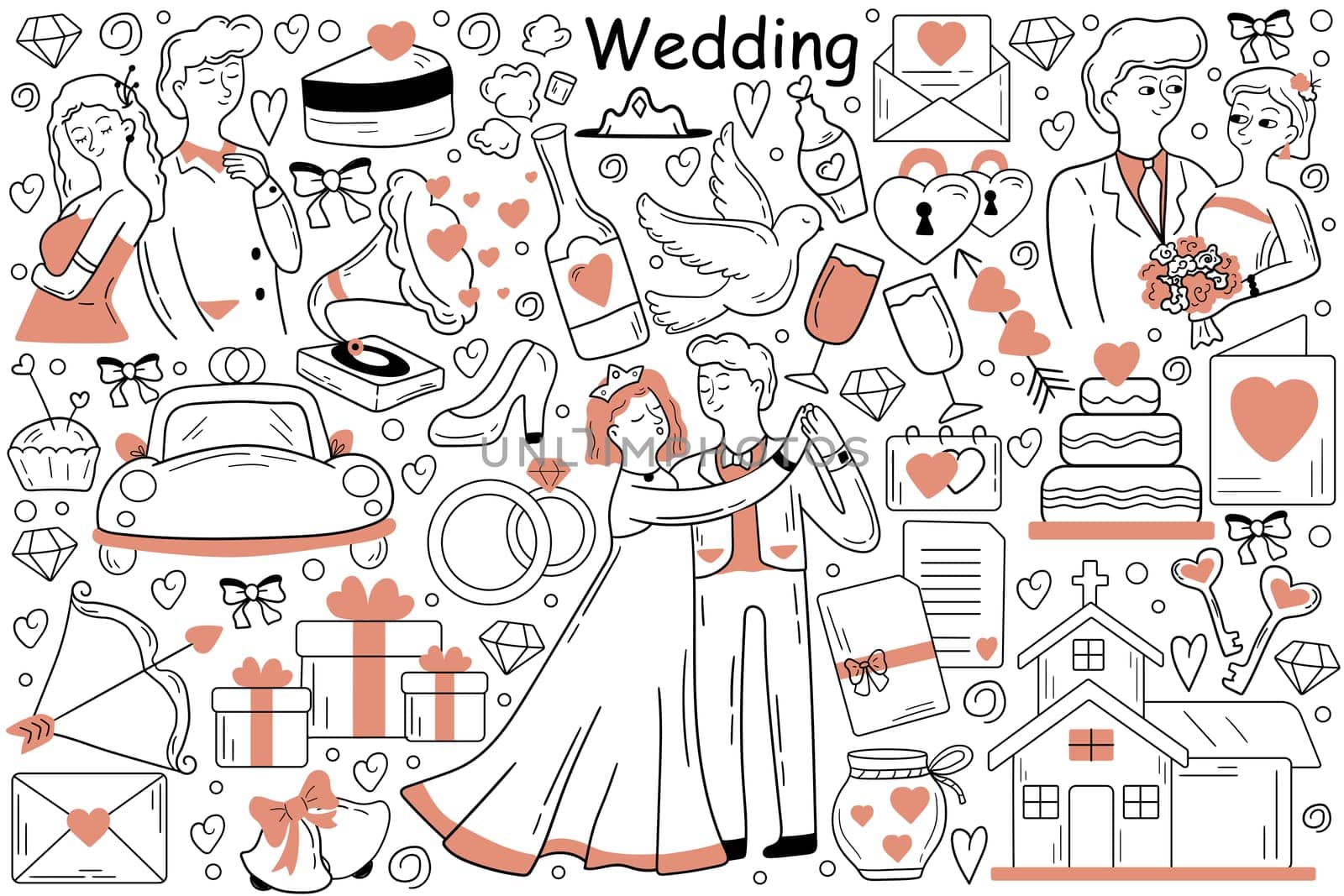 Wedding doodle set. Collection of hand drawn sketches templates patterns of man groom woman bride dancing in marriage ceremony at church together. Engagement party and celebration outline illustration