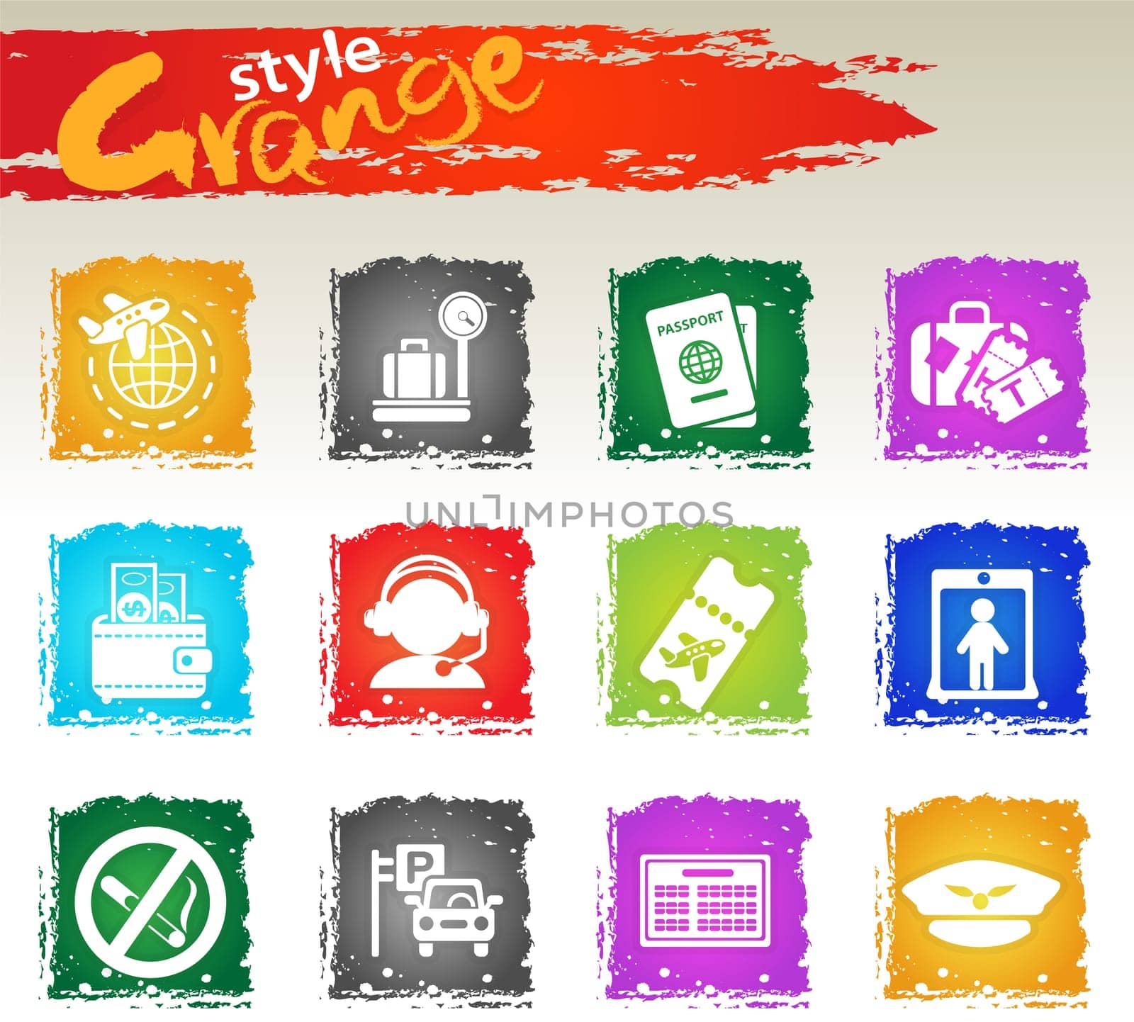 Airport and air carrier services icons set for user interface design. Grange icons style