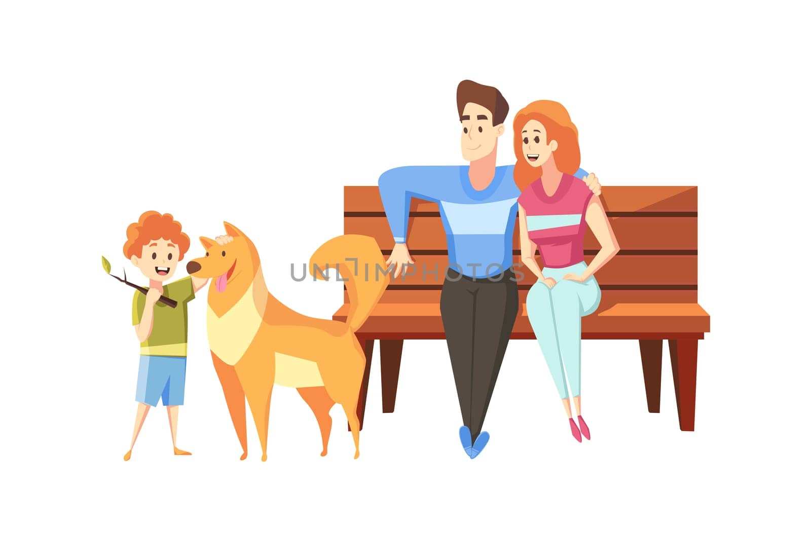 Fatherhood, motehrhood, childhood, rest concept. Cartoon characters Young family man father woman mother sit on bench with child kid son and dog pet in park together. Happy househld recreation vector.