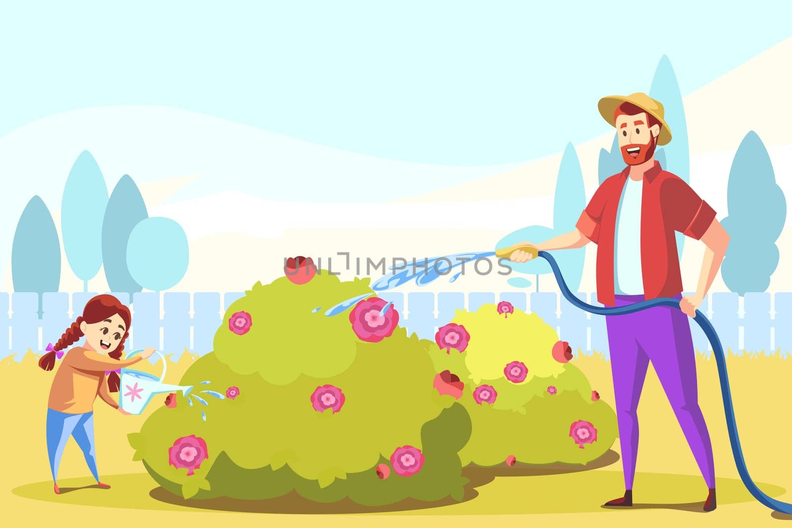 Teamwork, fatherhood, childhood, agriculture, gardening concept. Young happy man father and daughter child kid farmers work at nature, pouring flower bushes at countryside together. Rural volunteering