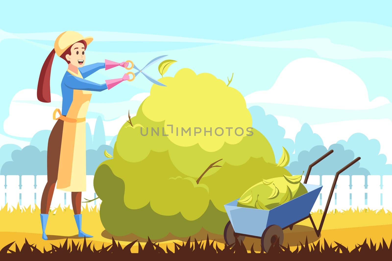 Agriculture, gardening, trimming, volunteering concept. Young happy woman or girl farmer working at nature, cutting bushes leaves with scissors at countryside. Rural volunteering vector illustration.