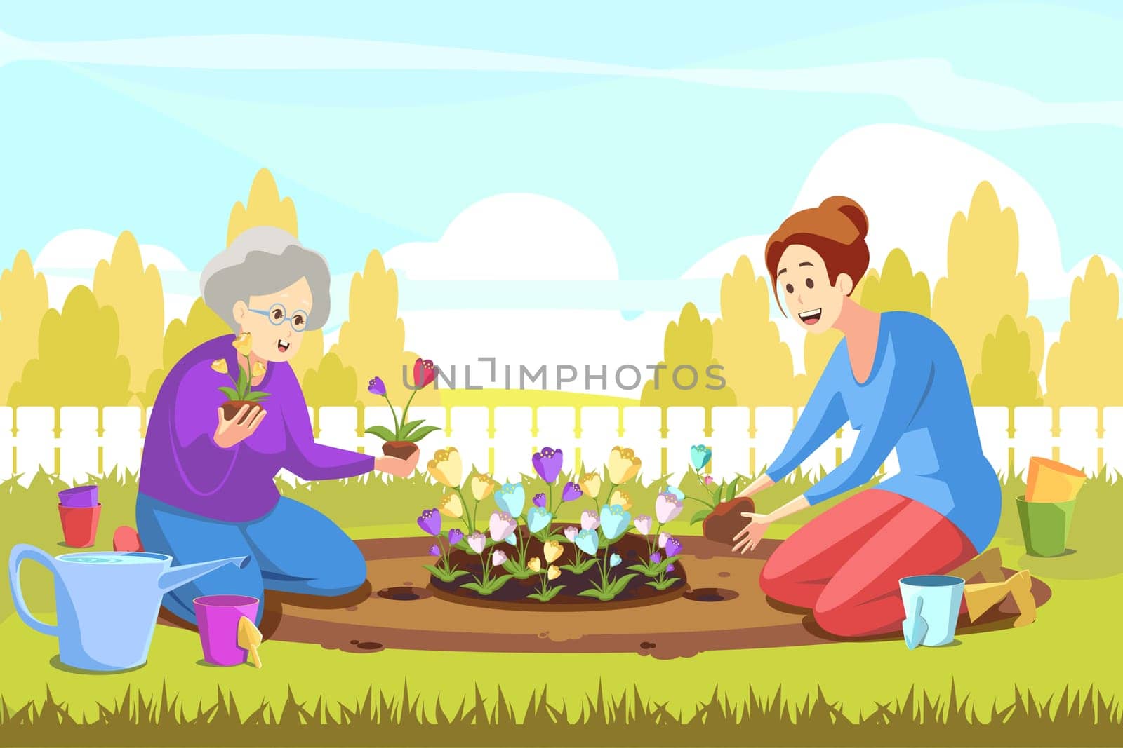 Teamwork, agriculture, gardening, planting, nature concept. Young happy woman and granny, mother daughter farmers working at nature, putting flowers together. Rural volunteering vector illustration.