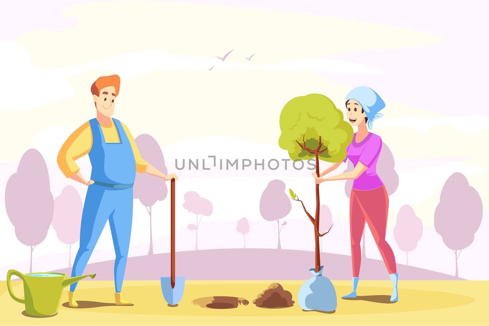 Couple, agriculture, gardening, nature concept. Young happy man woman boyfriend girlfriend farmers working at nature together, planting tree saplings at countryside. Rural volunteering illustration.