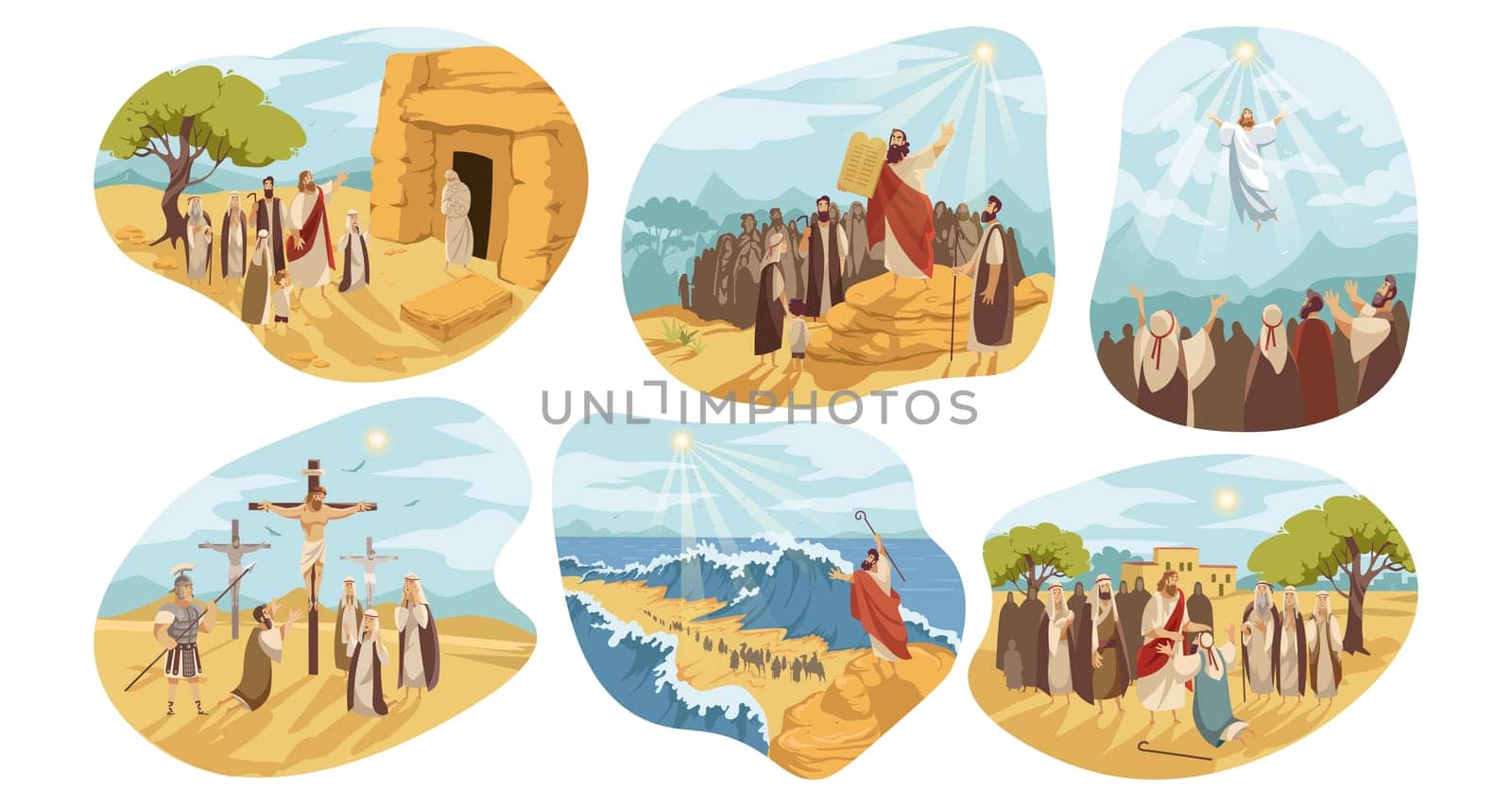 Religion, christianity, Bible set concept. Biblical religious Old and New Testament series of Jesus Christ son of God crucifixion ressurection. Moses prophet gives people Ten Commandments illustration