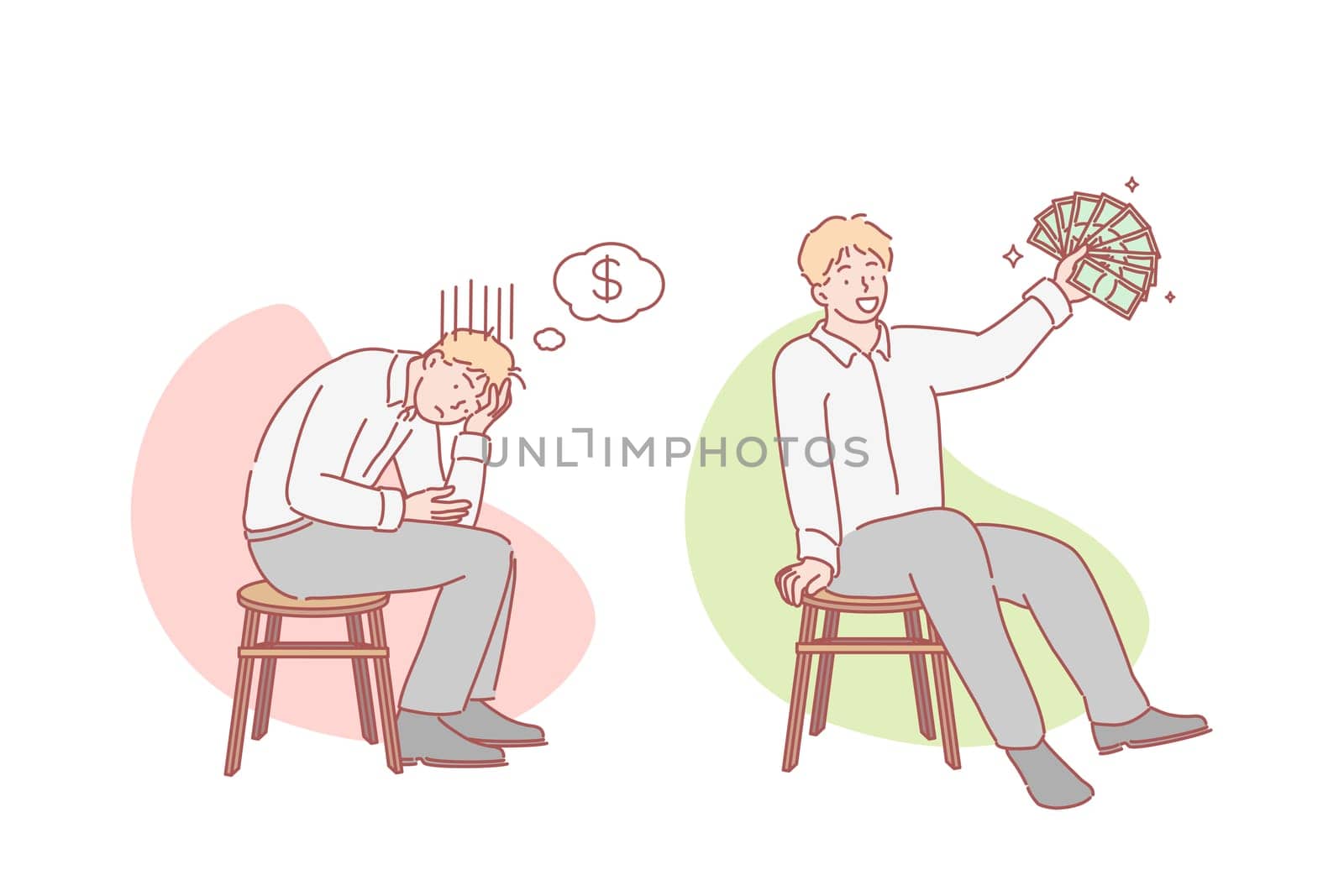 Poverty and wealth set concept. Hard working sad business man bankrupt thinks about earning money. Happy boy clerk manager enjoys money profit or winning lottery. Before and after. Simple flat vector