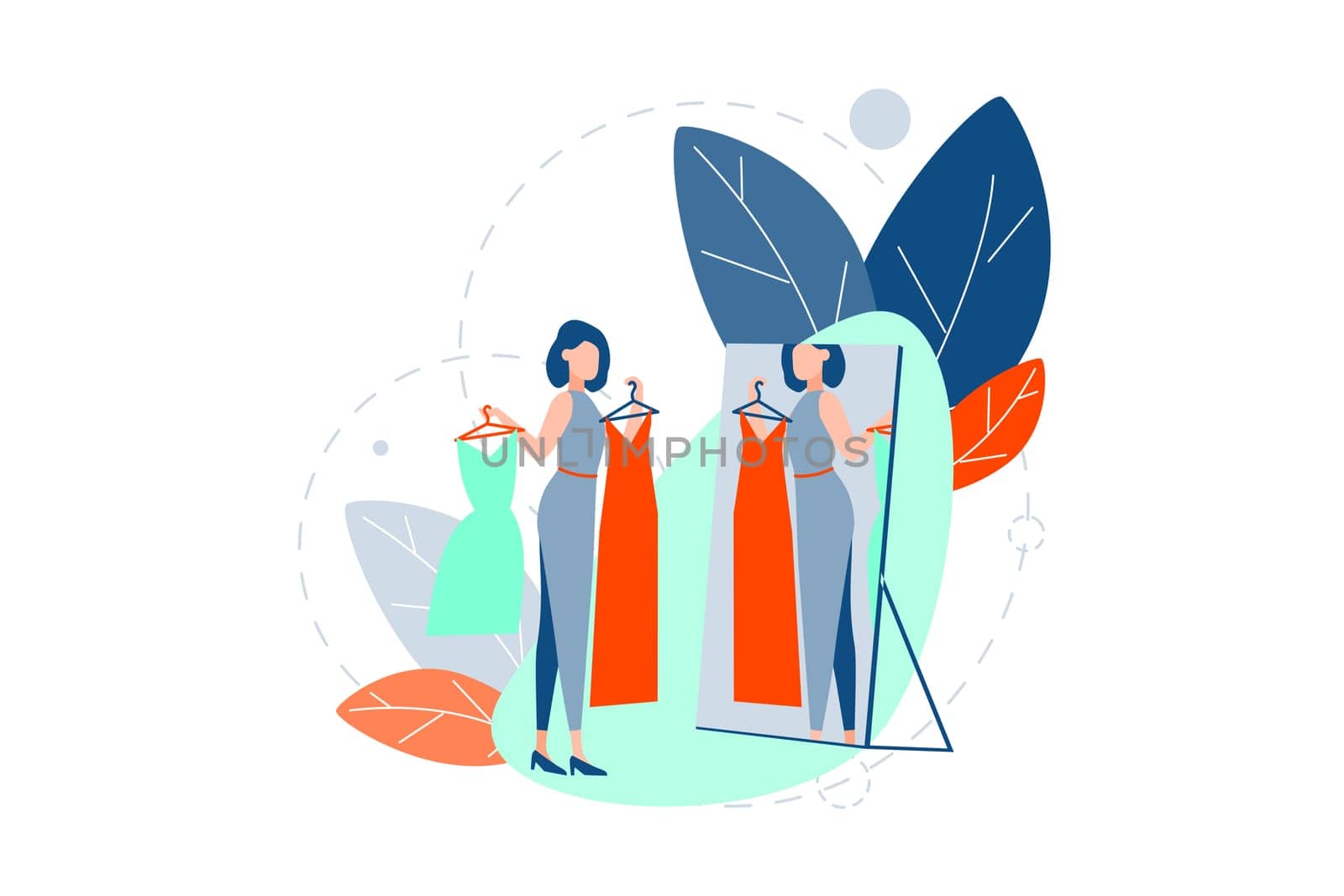 Choice, fashion, shopping concept. Fashionable woman is standing looking in mirror at her reflection. Girl does shopping, choose between dresses on date evening. Choice of clothes. Simple flat vector