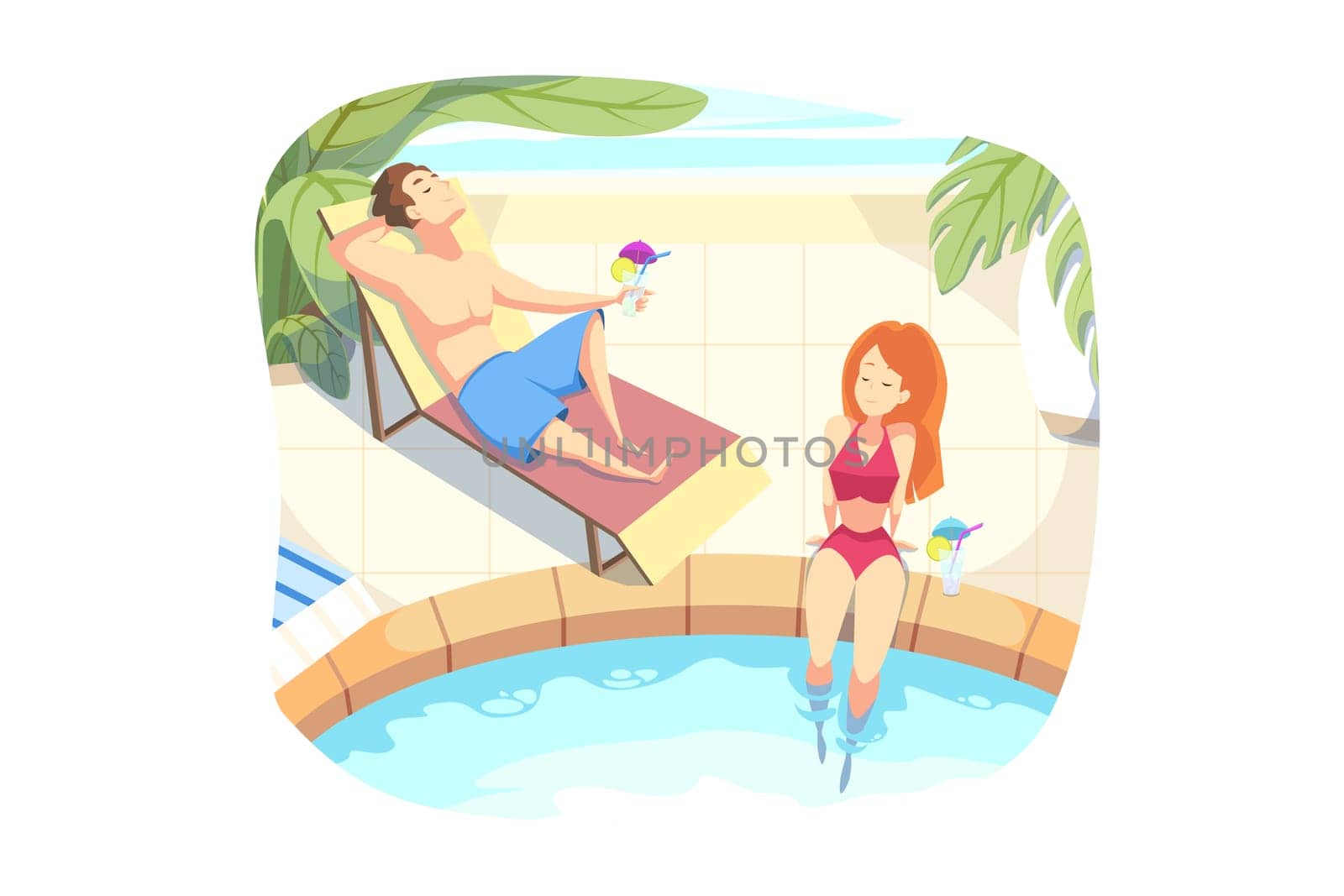 Summer vacation, holiday, rest concept. Couple in love boyfriend girlfriend tourists travelers on holiday rest together at hotel swimming pool with cocktail. Summer vacation at sea or ocean resort.