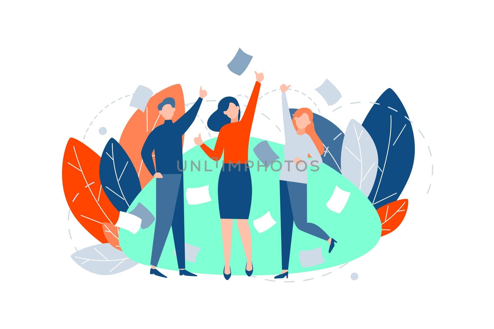 Team, coworking, success, business concept. Business people colleagues, managers came to success coworking at office. Illustration of goal achievement, businesswomen man clerk partnership. Flat vector