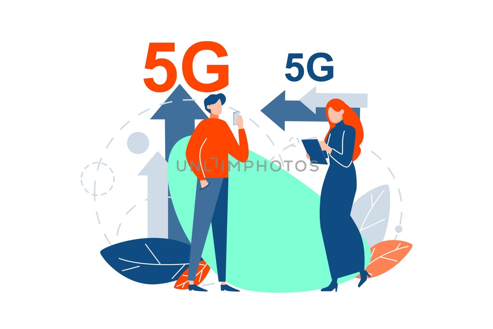 5g connection, modern communication concept. Man and woman use modern digital innovative technologies together. Boy and girl are standing under 5g letter with mobile phone and tablet. Flat vector