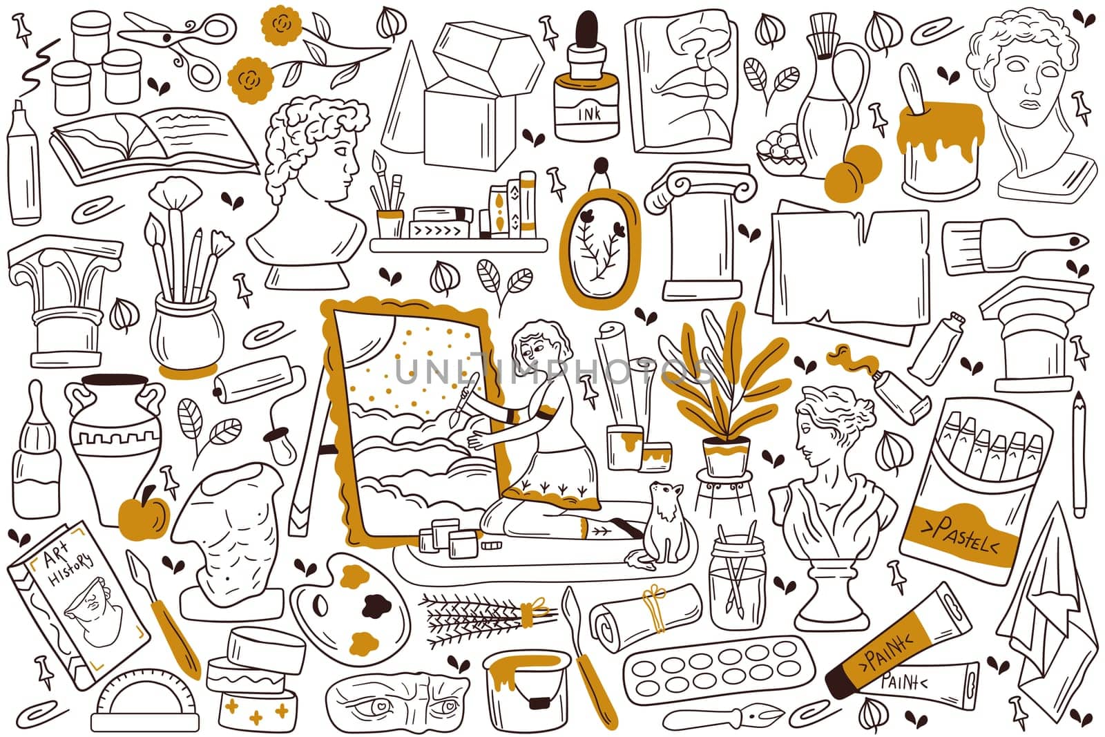 Painting doodle set. Collection of hand drawn sketches templates patterns of woman girl artist painter with easel and paintbrush drawing pictures on canvas. Creative occupation and art illustration.