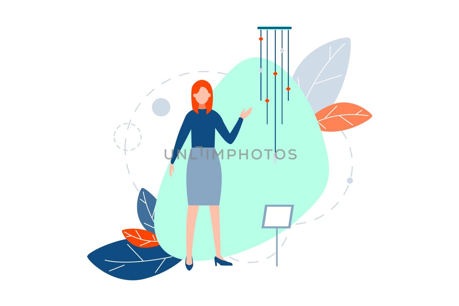 Modern art exhibition, design concept. Young woman or girl is standing and showing at abstract installation or exposition at museum. Modern installation at exhibition at art gallery Simple flat vector