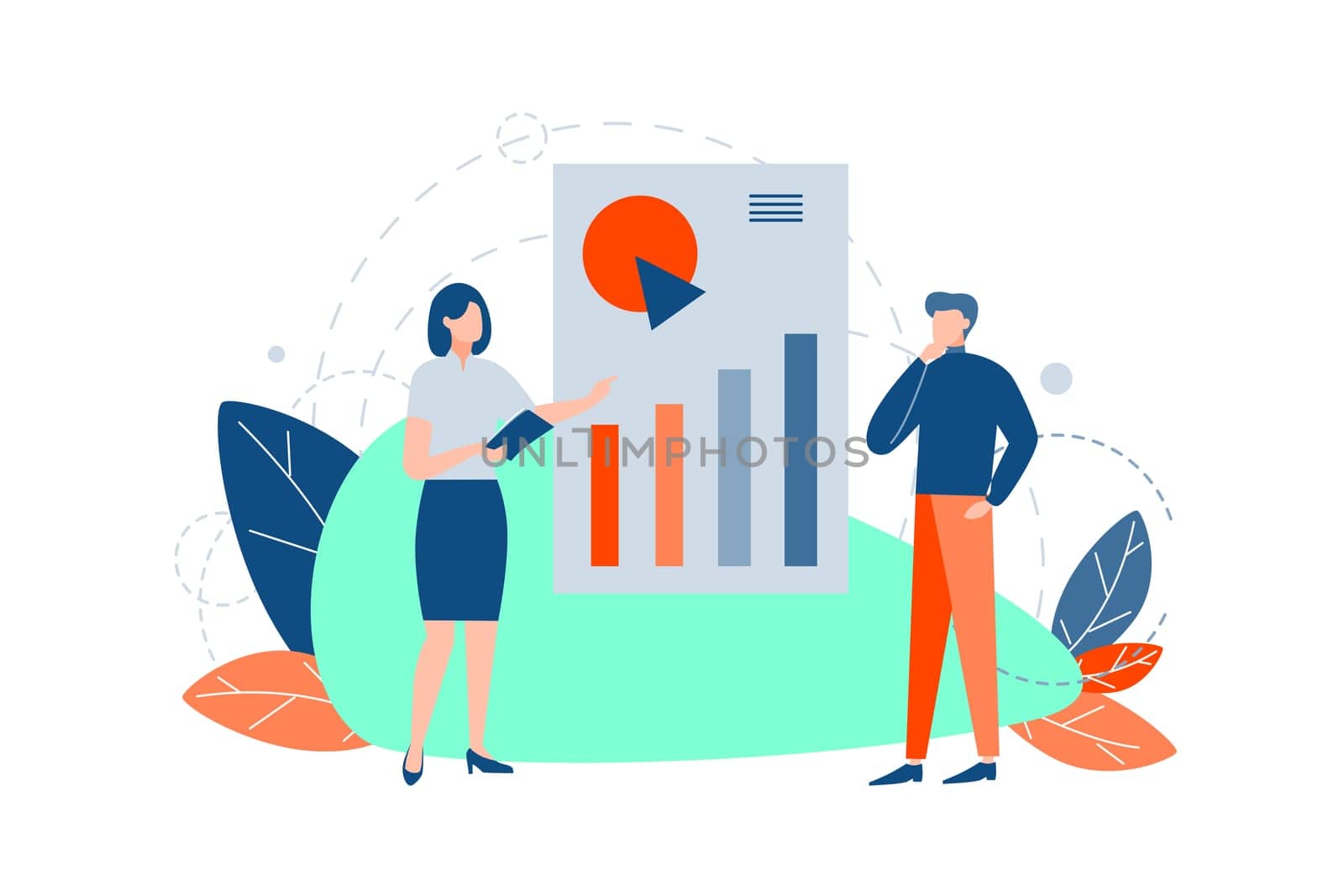 Business presentation, training, analysis, plan concept. Businesswoman leads training, showing charts, graphs. Clerk demonstrates presentation company profit growth to man boss, manager. Business team