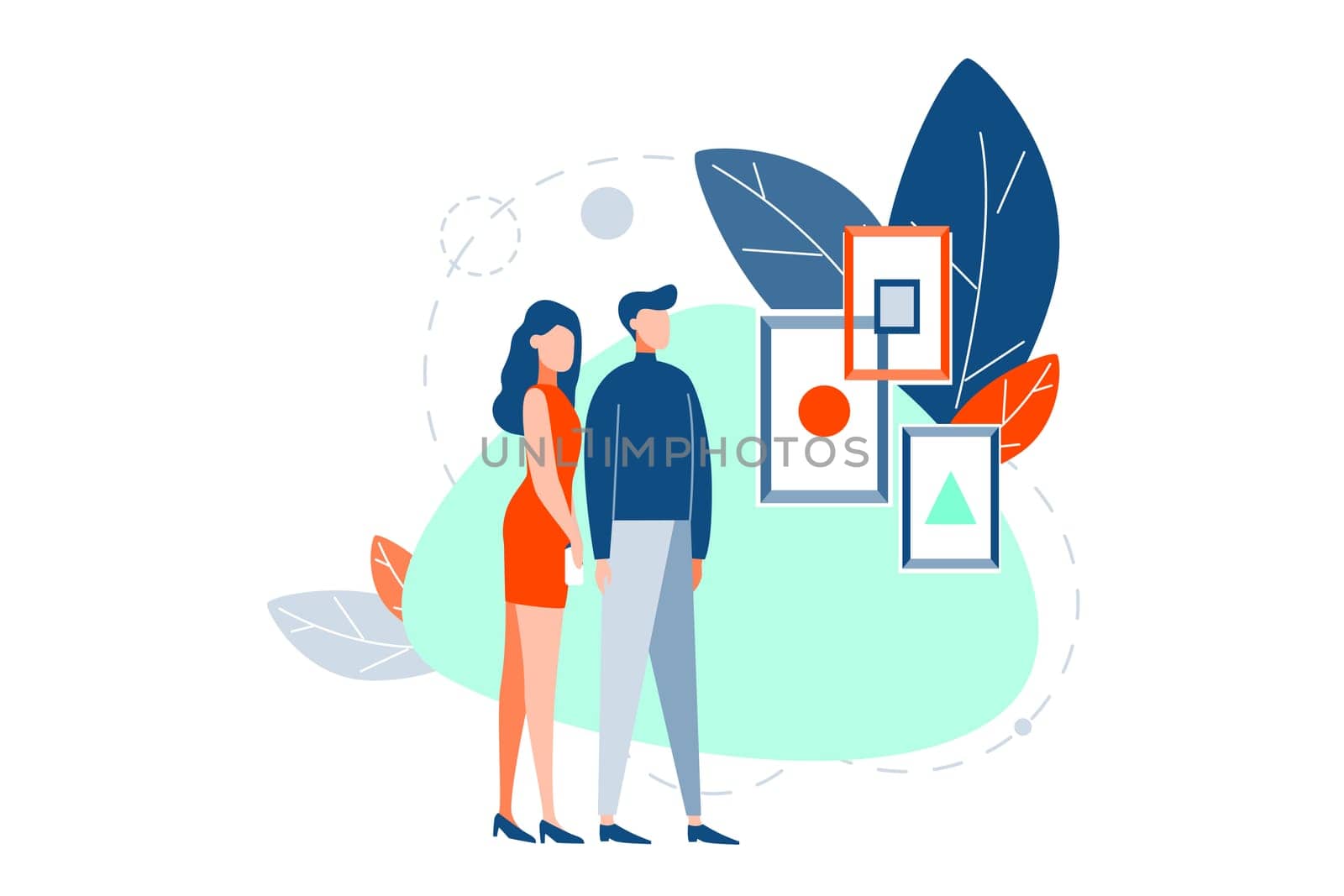 Exhibition, picture, cubism, modern futurism art concept. Young couple, guy and girl stand look at pictures in cubism style. Man woman are at exhibition of modern art in gallery. Simple flat vector