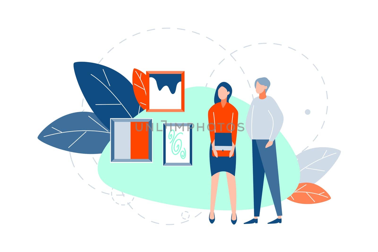 Art exhibition, abstract paintings concept, Young couple, boyfriend girlfriend look at set of abstract paintings or pictures at museum. Man and woman are on modern art exhibition at gallery. Vector