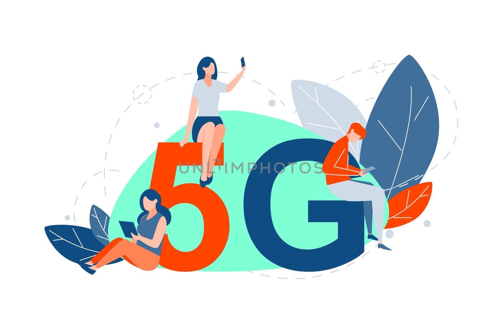 5g network, mobile technologies, communication concept. 5g technology connection. Young women and man communicate using modern digital network. Girls and boy sit near big 5g letters. Flat vector