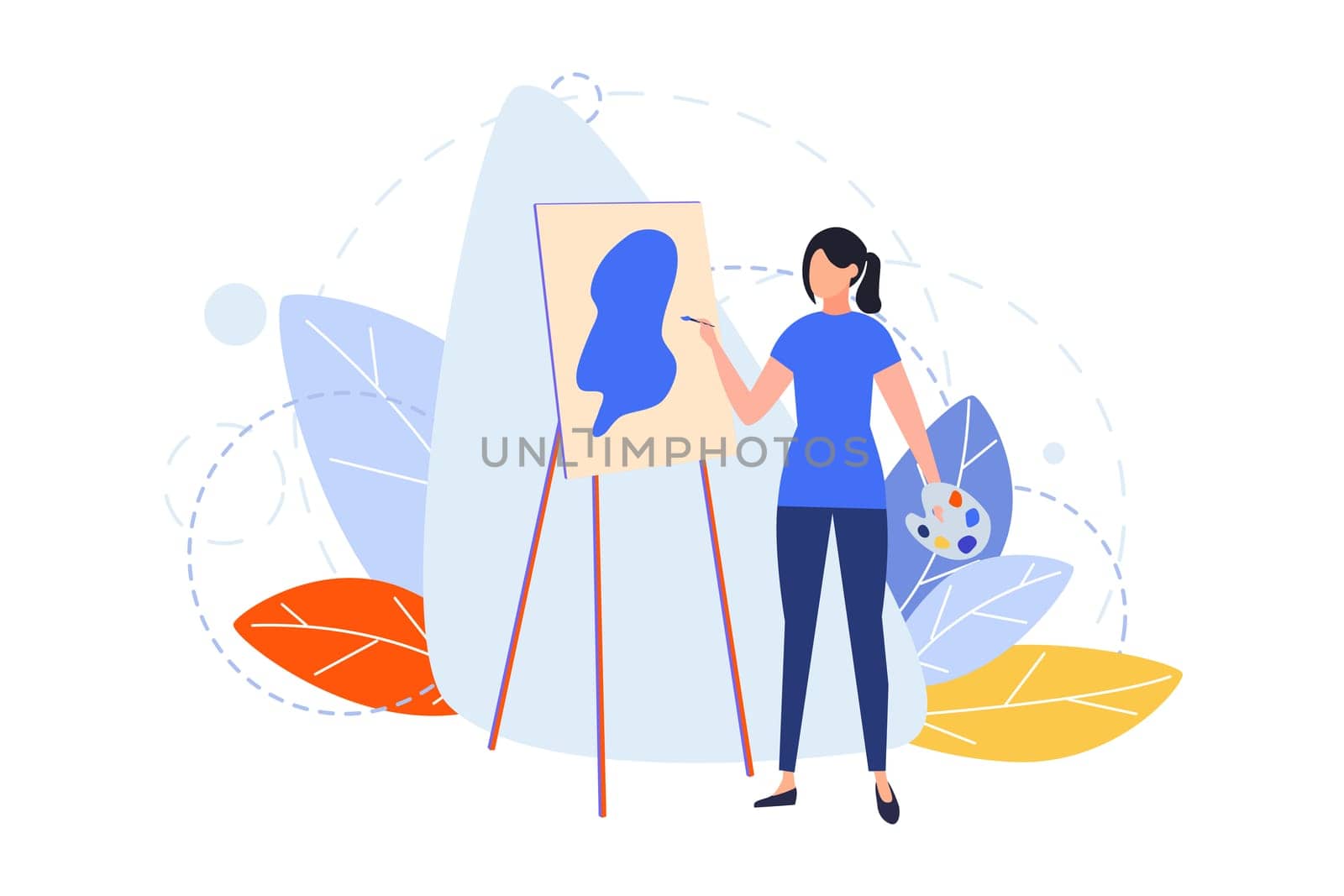Drawing, hobby, creativity, occupation, design concept. Illustration of woman girl painter drawing picture at easel with paintbrush. Art image of people hobby, profession, lifestyle. Flat vector