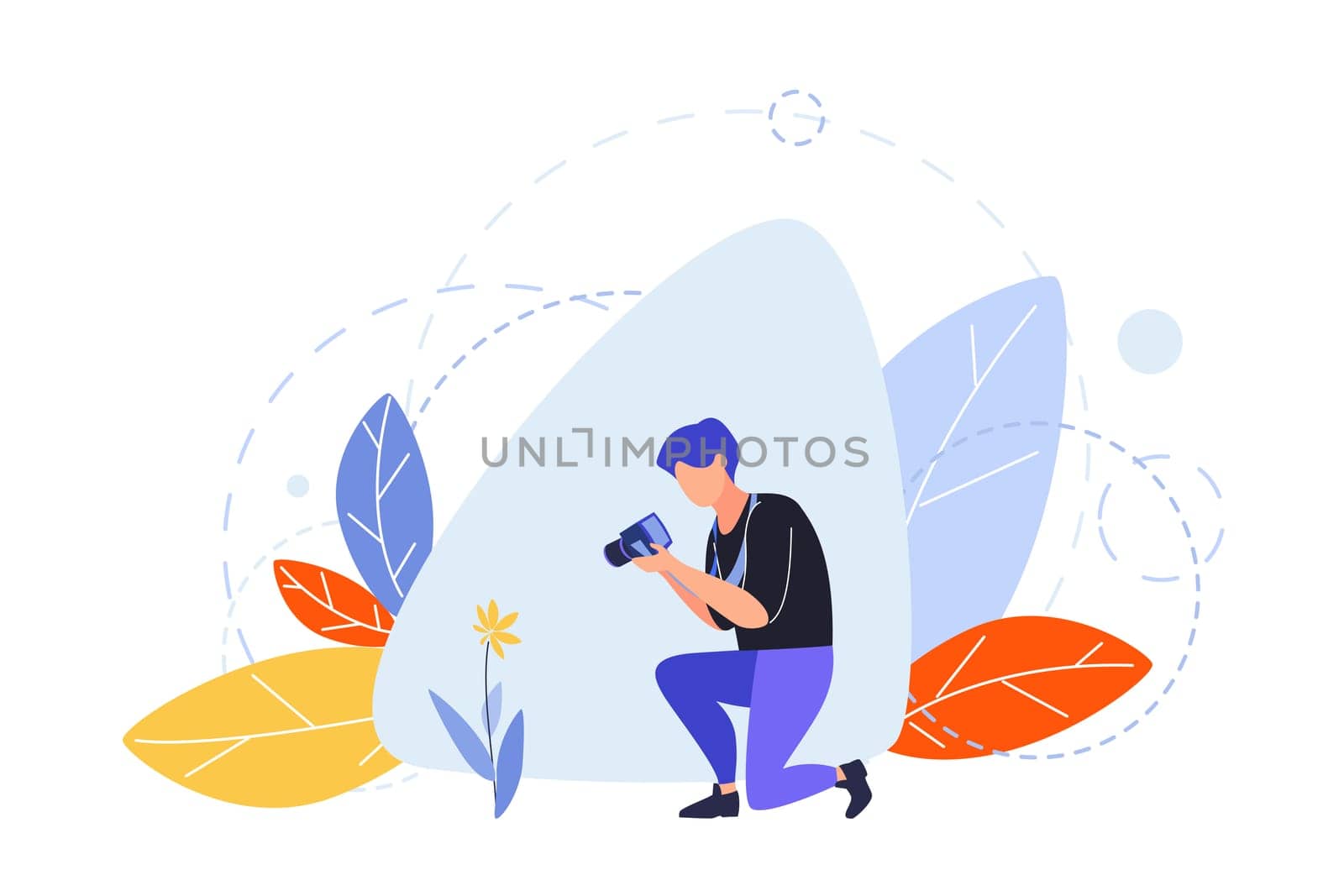 Hobby, photographing, creative occupation concept. Illutration of man, boy, male blogger, journalist or photographer with camera. Art image of creative profession, hobby, lifestyle. Flat vector