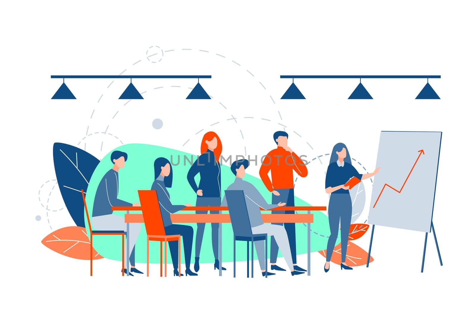 Business presentation, training, analysis, plan concept. Group, team of business people at office together. Business training presentation, profit growth demonstration. Coworking teamwork, cooperation