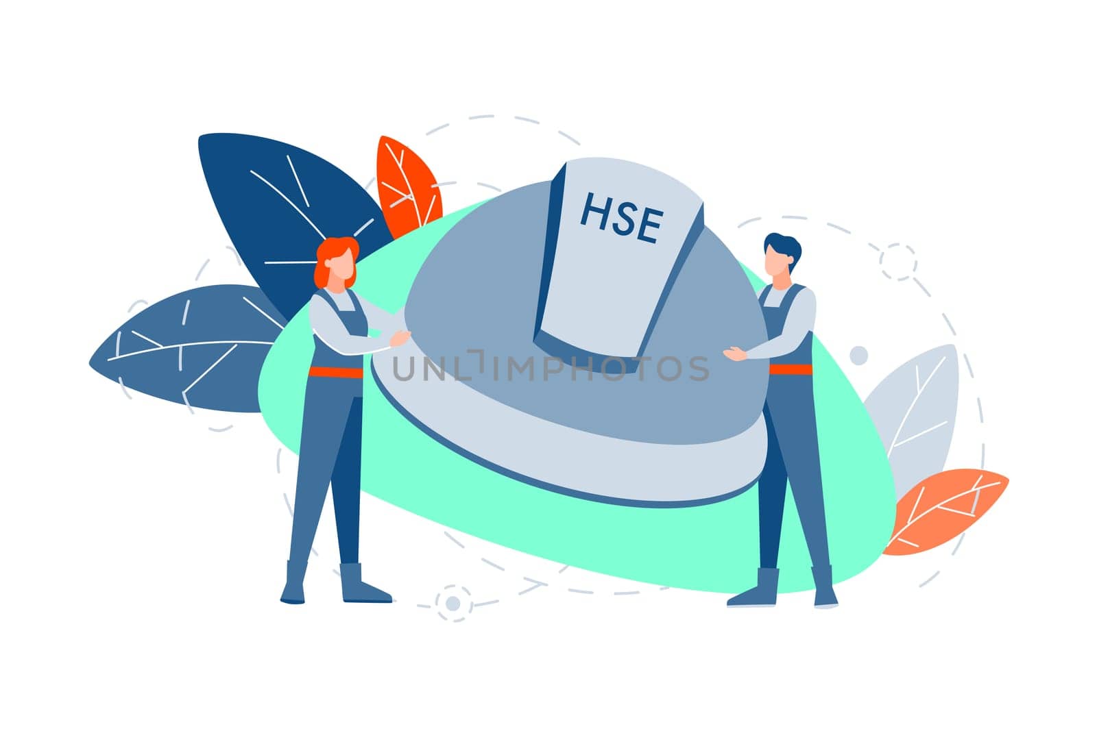HSE, protection concept. Young couple, man and woman hold big helmet together with hse acronym or abbreviation letters on it. Health protection, industrial enviromental care illustration. Flat vector
